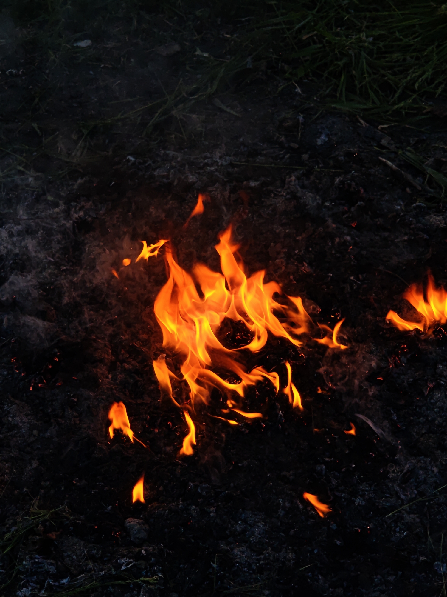 A small, contained fire burns in a patch of charred ground. Flames of orange and yellow rise from the center, surrounded by dark ash and soil. Sparse green grass borders the edge of the burned area. The location, Parkhomivka, Ukraine, is inferred but not visually confirmed. There are no visible people or objects other than the fire and its immediate surroundings. The scene depicts burning on the ground.