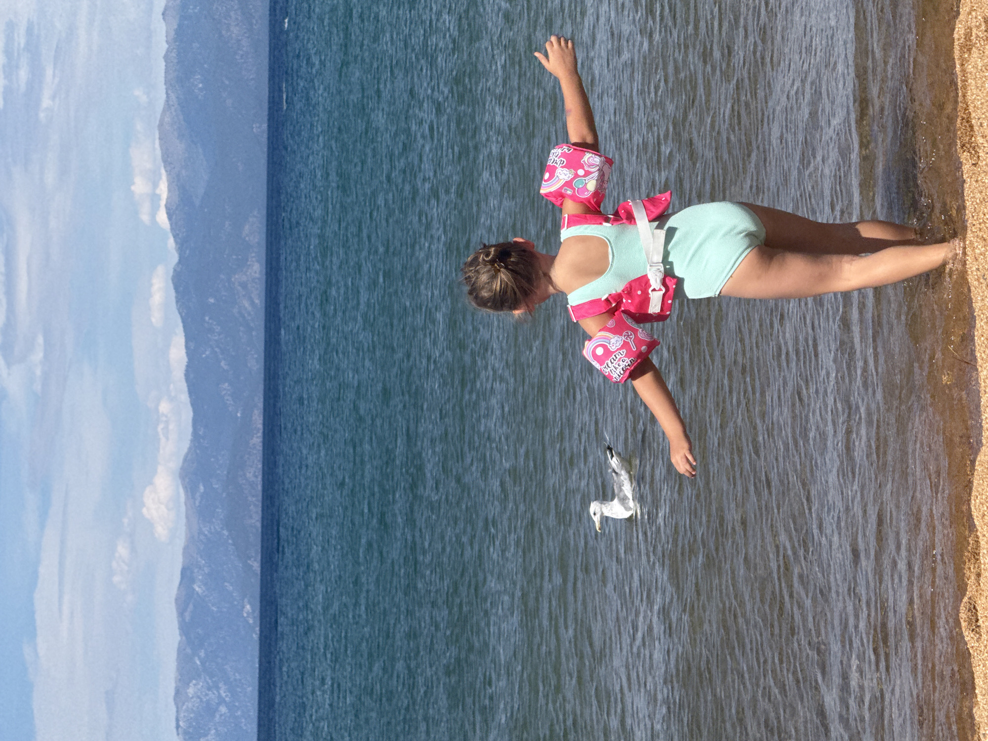 A young girl in a mint green swimsuit with pink unicorn-themed arm floaties stands in shallow water at the edge of a lake. The water is a deep blue-green and appears calm, with ripples on its surface. The girl is leaning slightly forward, her left arm extended outwards, while her right arm is bent at the elbow, with her hand near her head. Her legs are submerged up to her knees in the water. A seagull is swimming in the water near the girl, looking towards her. In the background, a sandy beach is visible on the right, with the water meeting the shore. On the left side of the image, a large body of water stretches towards distant mountains under a cloudy sky. The scene appears to be set in the daytime, under bright lighting, suggesting good weather. There is text visible on the arm floaties, which reads "Dream like a unicorn" on one and has rainbow and unicorn graphics.