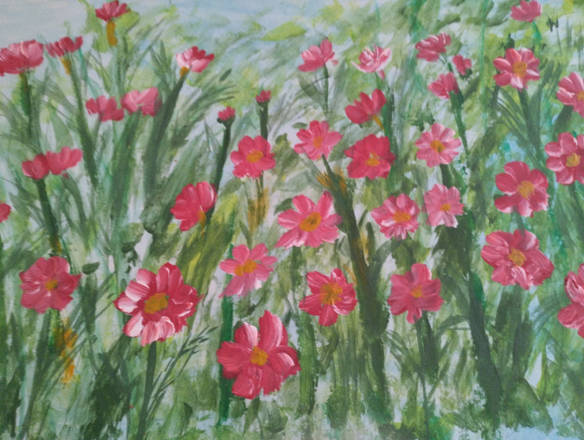 The image is an oil painting of a field of pink flowers with green stems and a light blue sky in the background. The flowers have five petals and yellow centers. They are of various sizes and are scattered throughout the painting. The stems are painted in various shades of green, with some appearing thicker than others. The sky is a soft, pale blue with some hints of white, suggesting clouds. The painting is in an impressionistic style, with visible brushstrokes adding texture to the scene. There are no people or animals depicted in the painting. The scene is not located in the city of Mezitli, Turkey, as it is a work of art and not a photograph of a real-world location.