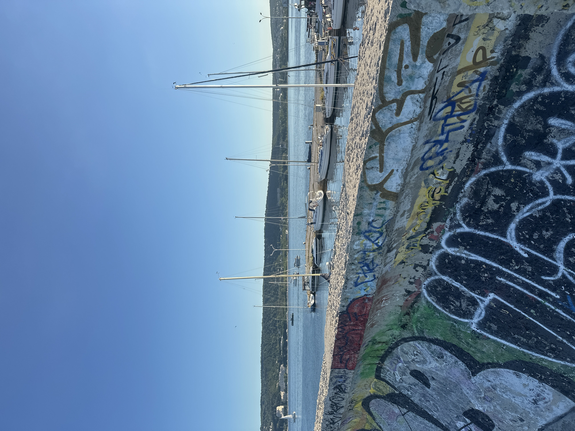 A wide shot captures a sunlit harbor scene with a clear blue sky overhead. In the foreground, a concrete wall is covered in colorful graffiti. Beyond the wall, a calm body of water is dotted with several white sailboats, their masts tall against the sky. Some sailboats are moored at a wooden dock, while others are out on the water. In the background, a lush green hillside rises from the water's edge, dotted with buildings. The overall impression is a peaceful, coastal view.