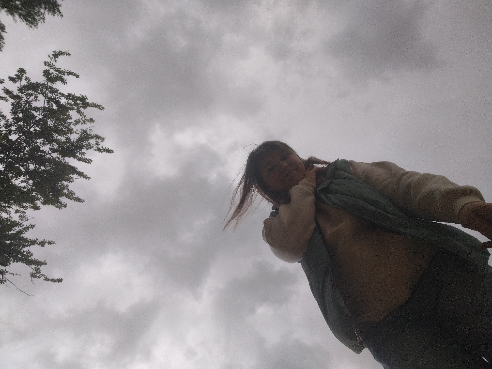 A low-angle shot captures a woman outdoors in what appears to be Шебунино, Russia, given the request context. The sky is overcast, with various cloud formations taking up the majority of the frame. A silhouette of a tree is visible in the upper left corner. The woman, wearing a light-colored long-sleeved shirt and a dark vest, is positioned in the lower right quadrant. Her face is turned slightly towards the camera, with her hair partially obscuring her forehead. The ground is not visible.