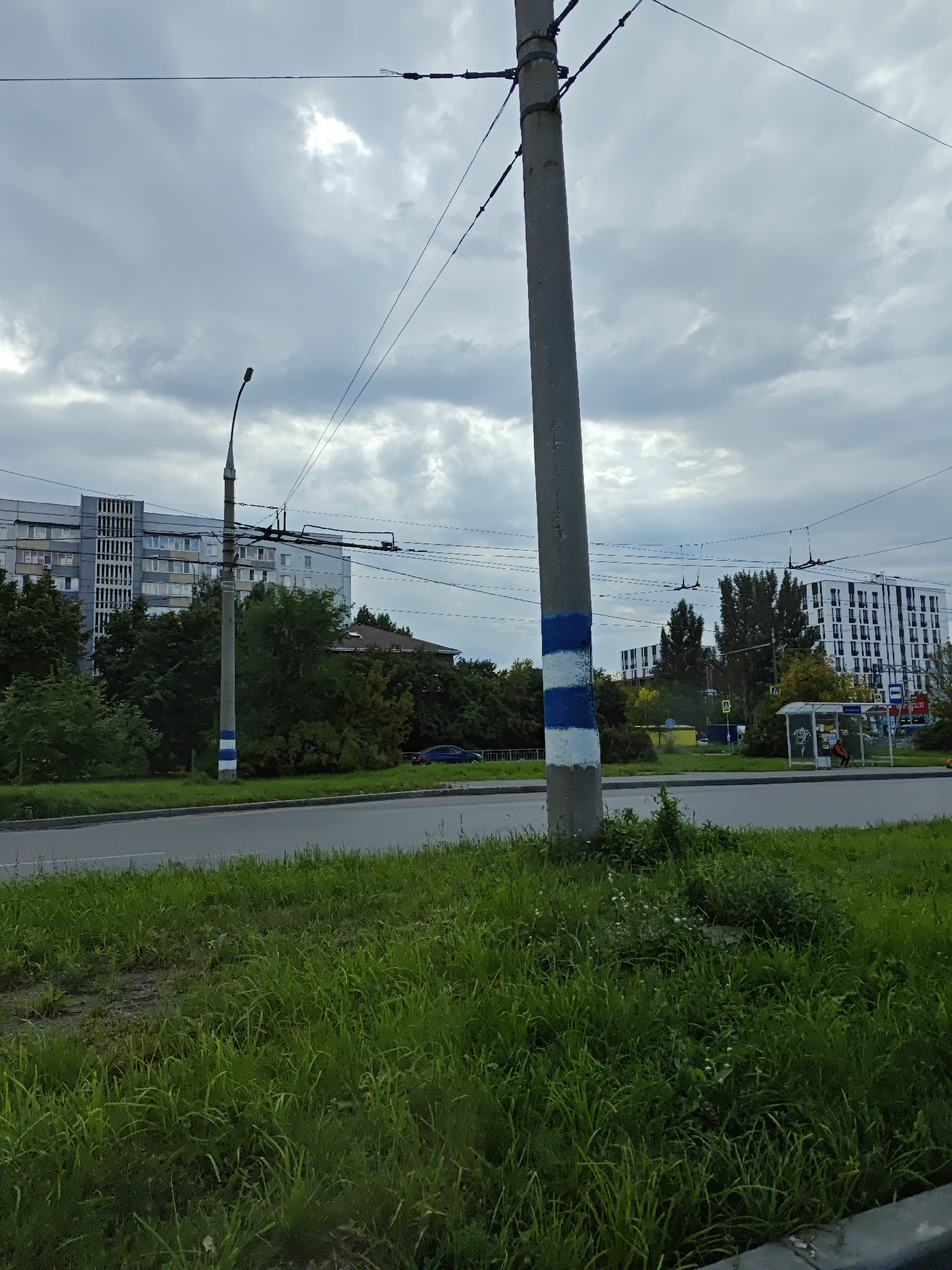 The image depicts an overcast day in Ulyanovsk, Russia. A concrete utility pole, painted with horizontal blue and white stripes, stands prominently in the foreground, off-center to the right. Overhead power lines stretch across the frame, supported by the pole and others not fully visible.
Beyond the pole, a road runs horizontally. On the left side of the road, a multi-story residential building with a grey facade and numerous windows is visible, partially obscured by lush green trees. To the right of the trees, a smaller building with a brown roof can be seen.
Further down the road, on the right side, a modern white apartment building with black-framed windows stands out. Adjacent to this building is a bus stop shelter with a person seated inside. Various traffic signs and a green traffic light are also present in the vicinity of the bus stop.
The immediate foreground is dominated by a patch of unkempt green grass, with some areas appearing drier than others. The overall impression is that of an urban streetscape on a cloudy day.