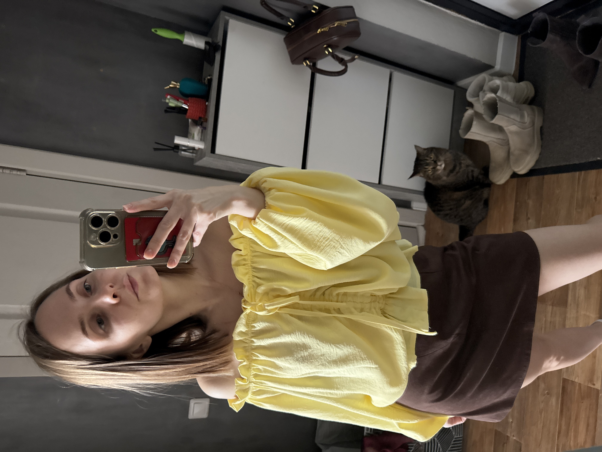 An interior location, stated to be in Perm, Russia, is depicted. A light-skinned adult female with medium-length brown hair is shown from the waist up, taking a mirror selfie. She is wearing a yellow off-the-shoulder top with long sleeves and a brown mini-skirt. Her right hand holds a smartphone, equipped with a gold case and a red card holder, angled to capture her reflection. Her facial expression is neutral.
The background features a room with dark grey walls and a light brown wooden laminate floor. To the right of the individual, a tall, narrow, light grey cabinet with two white drawer fronts and a grey top surface is visible. On the cabinet's top, several objects are arranged: a black diffuser with reeds, a white rectangular item, a red container holding writing instruments, a teal-colored decorative bottle, and a green lint roller. A dark brown handbag with gold-colored hardware hangs to the right of the cabinet.
On the floor, to the left of the cabinet, a striped tabby cat is seated, looking towards the camera. Adjacent to the cat and on a dark grey floor mat, two pairs of boots are present; one pair of light beige ankle boots stands upright, and a darker pair is partially visible. A white light switch is mounted on the left wall.
