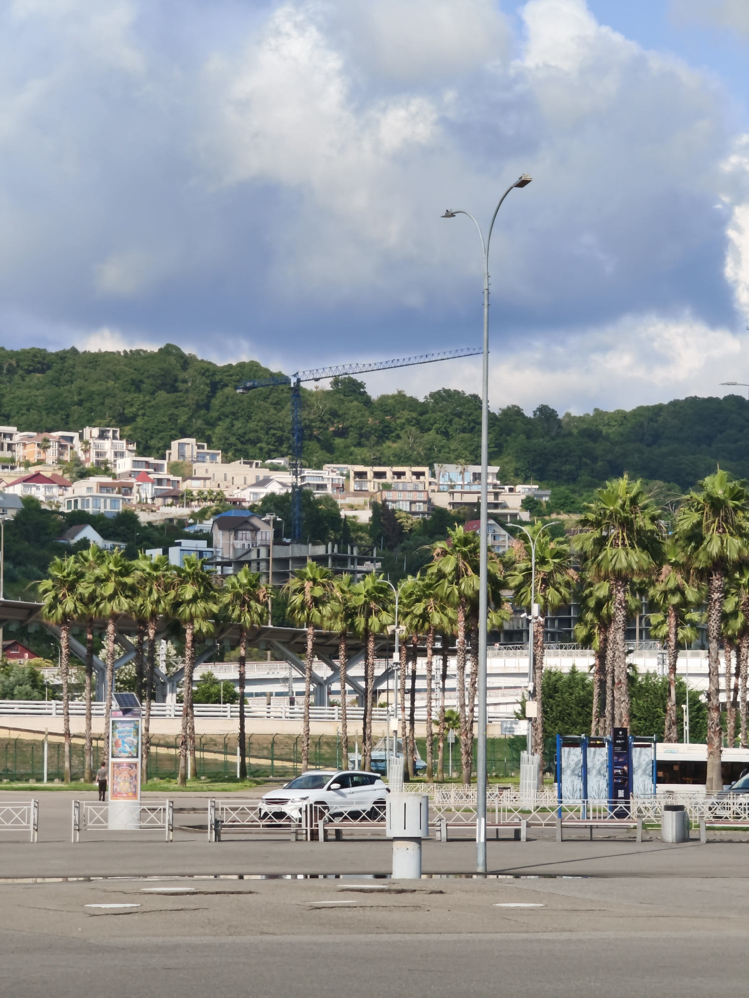 In Sirius, Russia, a street view captures a scene with a paved foreground, featuring what appears to be a parking lot with scattered circular manhole covers. A tall lamppost stands prominently in the center of the image. Beyond the parking area, a row of palm trees forms a visual barrier. Behind the palm trees, a white car is parked on what looks like a road or further paved area. In the background, a dense green hillside is dotted with numerous white and light-colored buildings, indicative of residential or hotel construction. A tall blue construction crane is visible against the sky, suggesting ongoing development. The sky is partly cloudy, with a mix of blue sky and white clouds.