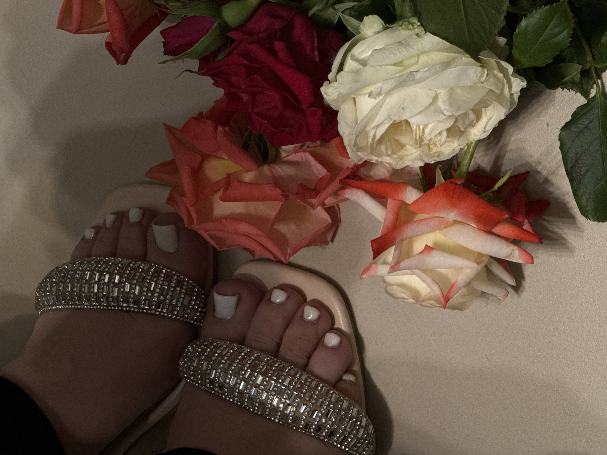 The image shows a close-up view of two feet adorned with bejeweled sandals, placed next to a bouquet of roses. The feet have white painted toenails and are resting on a neutral-colored surface. The roses are a mix of colors, including white, red, and pink, and some are partially open. The background is a plain, textured surface. No specific location in Mikhaylovsk, Russia, can be identified from the image.