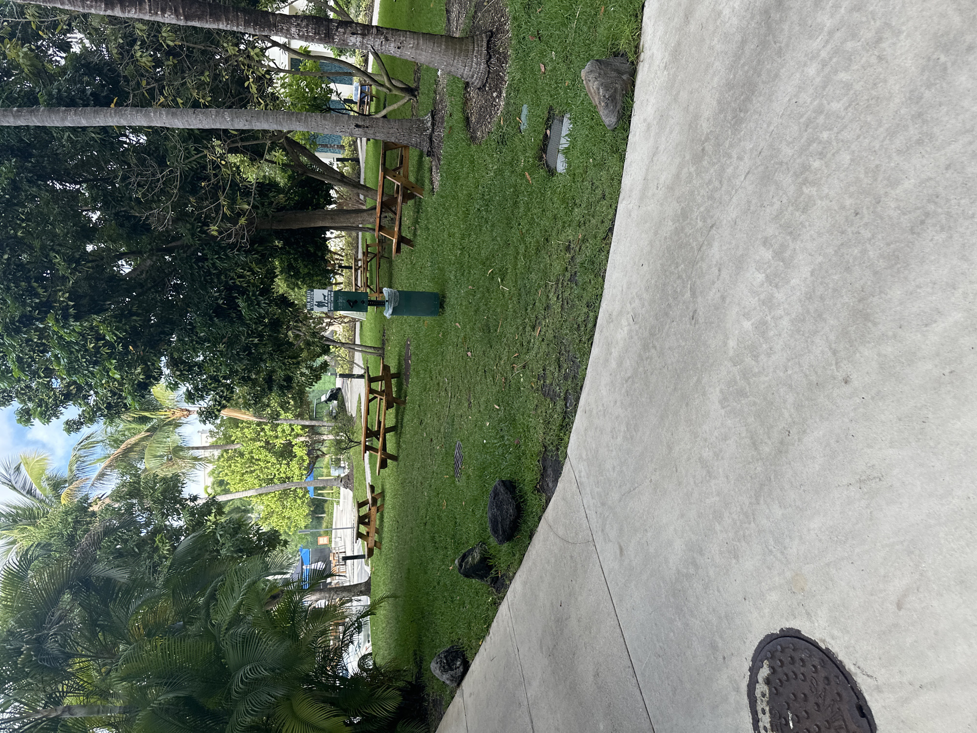 The image depicts an outdoor scene in Aventura, Florida, United States. The foreground shows a concrete sidewalk with a circular manhole cover in the bottom right corner. Adjacent to the sidewalk is a grassy area with several picnic tables scattered throughout. The area is shaded by various trees, including palms. A green trash receptacle and a pet waste station are visible among the picnic tables. In the background, hints of buildings and other structures can be seen.