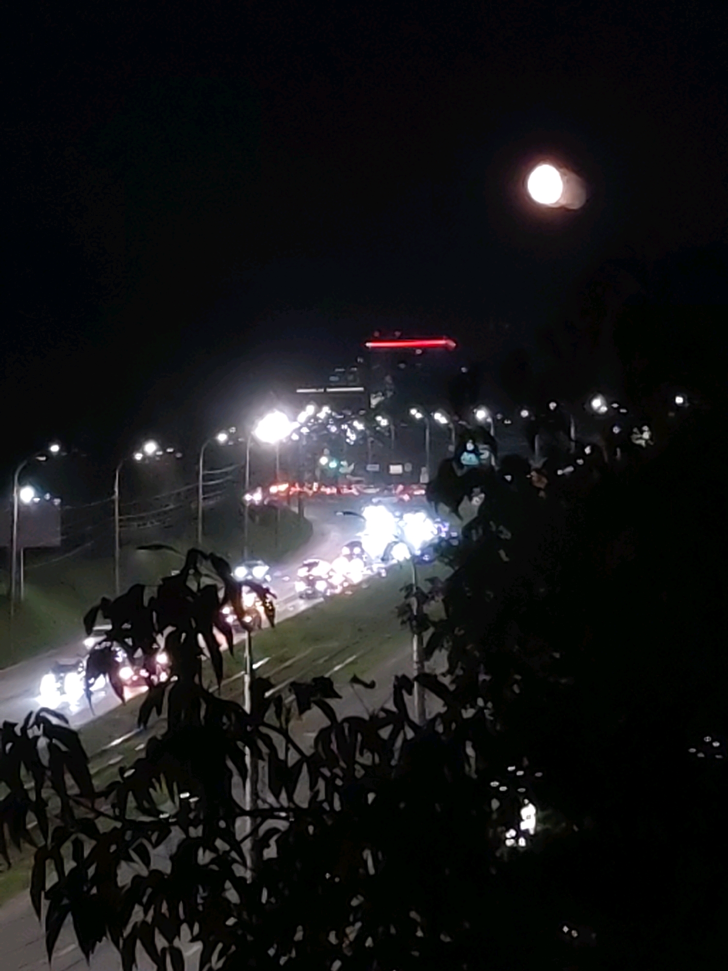 The image captures a night scene in Izhevsk, Russia, likely on a city highway or major road. In the foreground, dark foliage obscures a portion of the view, suggesting the photograph was taken from an elevated position or near trees. Beyond the foliage, a busy road is visible, with numerous cars whose headlights and taillights create streaks of light, indicating continuous traffic flow. Streetlights line the road, illuminating the scene with a bright, artificial glow. In the upper right quadrant of the image, a large, blurry white circle is prominent, likely the moon or a very bright light source, with a smaller, fainter circle to its right, possibly a lens flare or a secondary celestial body. In the distance, taller buildings are visible, one of which is marked by a bright red horizontal light strip. The overall impression is of a dynamic urban environment at night, characterized by movement, artificial light, and the presence of both natural and man-made elements.