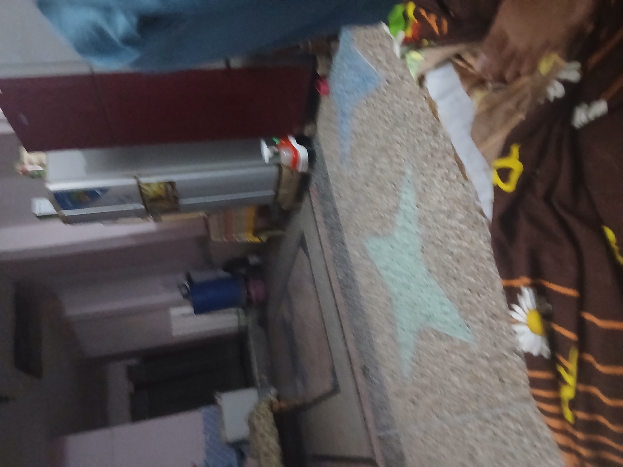 An indoor scene in a dwelling in Peshawar City Tehsil, Pakistan, depicts a living space with various items. In the background, a red refrigerator stands next to a silver appliance, possibly another refrigerator or a large storage unit. A blue plastic barrel is also visible. The floor is covered with a patterned carpet. In the foreground, a brown blanket with orange stripes and yellow markings is laid out. A white daisy flower is placed on the blanket. To the right, a portion of a person's leg and foot is visible, wearing dark-colored footwear. A small red and white toy car is situated on the floor between the appliances and the carpeted area. The lighting appears to be artificial, casting a dim glow on the surroundings.