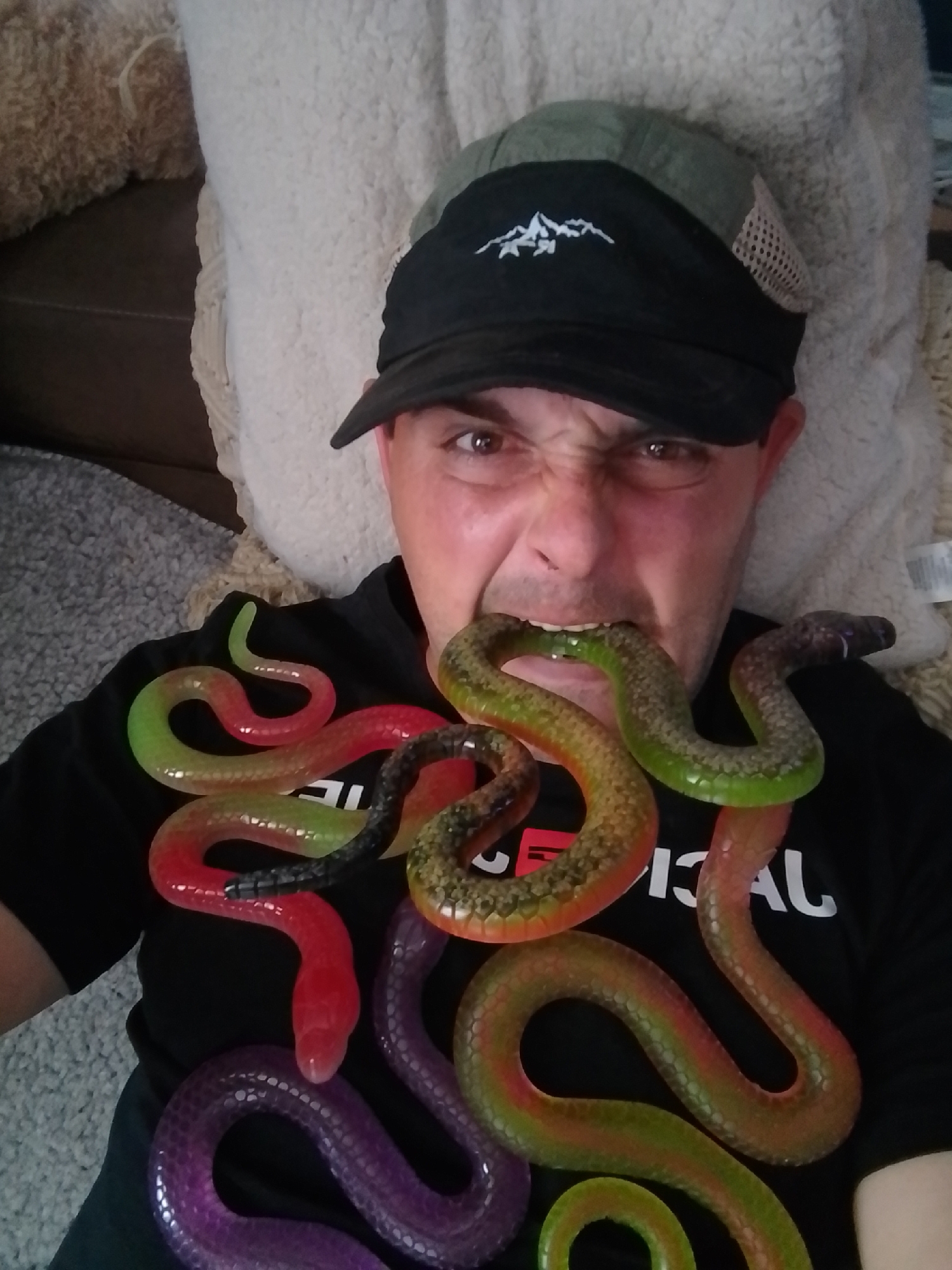 The image shows a close-up, overhead view of a person wearing a black t-shirt and a green and black baseball cap. The person is making a grimacing facial expression with their mouth open, and a colorful gummy snake toy is held in their mouth. Several other gummy snake toys, in shades of red, purple, green, and orange, are draped around the person's neck and chest, over the t-shirt. The person's head is tilted slightly, and they appear to be looking directly at the camera. The background consists of a textured, light-colored surface, possibly a cushion or blanket, and a darker textured surface, potentially carpet or upholstery, in the lower left corner. The image does not contain any specific landmarks or features that would indicate its location in Wedel, Germany.