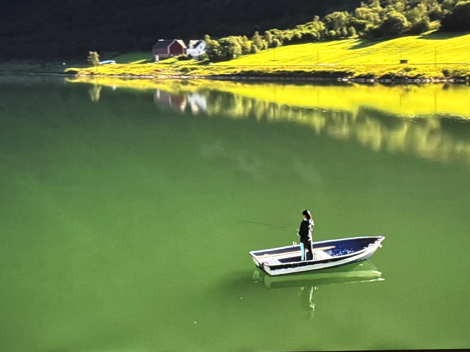 An aerial, high-angle shot depicts a person fishing from a small boat on a calm, green body of water. The boat, white with a dark blue trim, is positioned slightly off-center to the right. A single person, wearing dark clothing, stands in the boat, holding a fishing rod extended over the water. The water's surface is smooth, reflecting the bright yellow-green grassy hillside and two red-roofed buildings in the background. The hillside slopes upwards, transitioning into a darker, tree-covered area at the top of the frame. The scene appears to be a serene, natural landscape with signs of human habitation. The specific location in the city of Burgas, Bulgaria cannot be determined from the image.