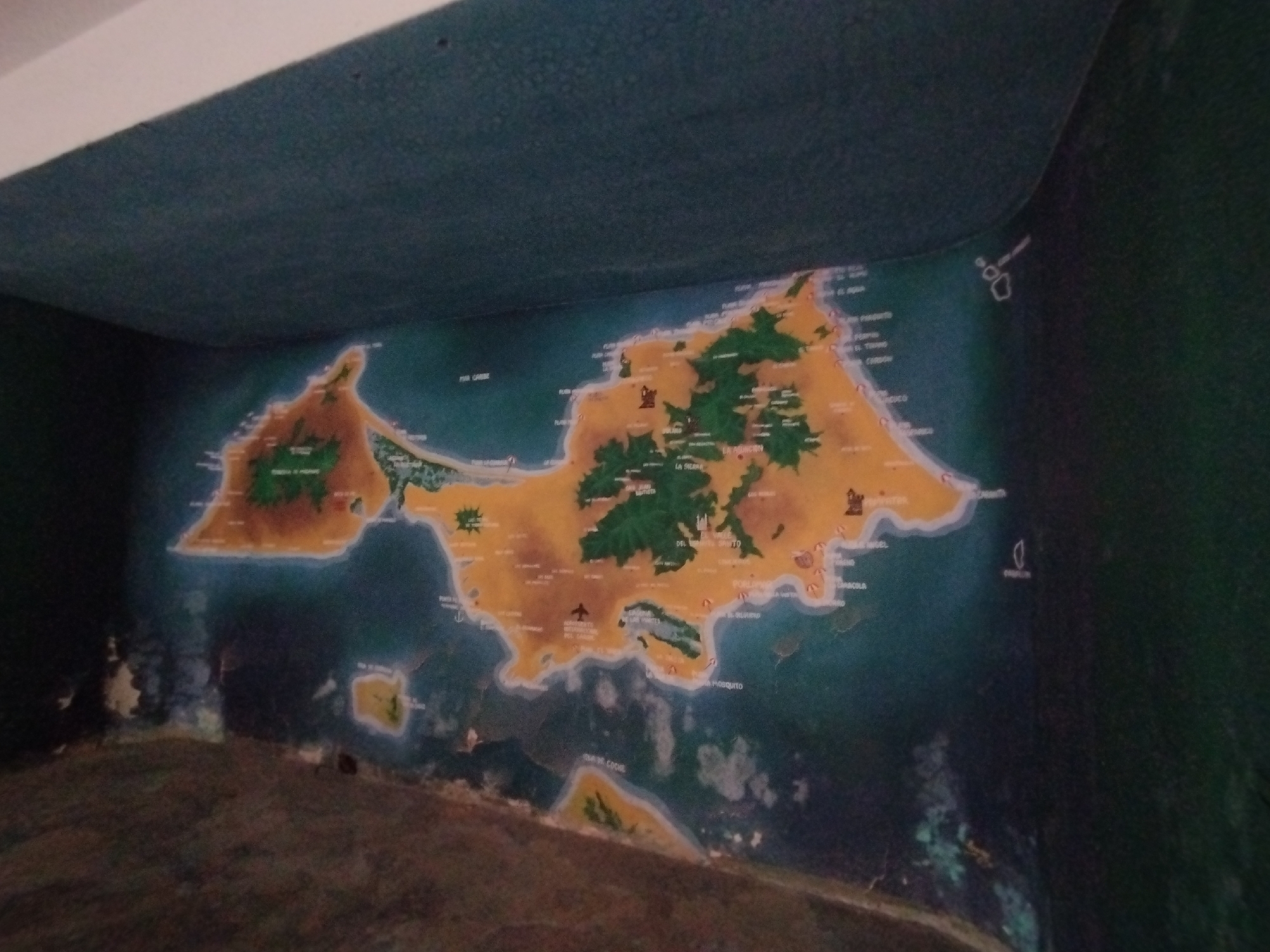 A large map of an island is painted on the walls of a small room. The map is primarily brown and green with a blue sea around it. Text labels various locations on the island. The walls of the room are blue above the map and a dark color next to and below the map. The floor is visible at the bottom of the image. The location and city are unknown.