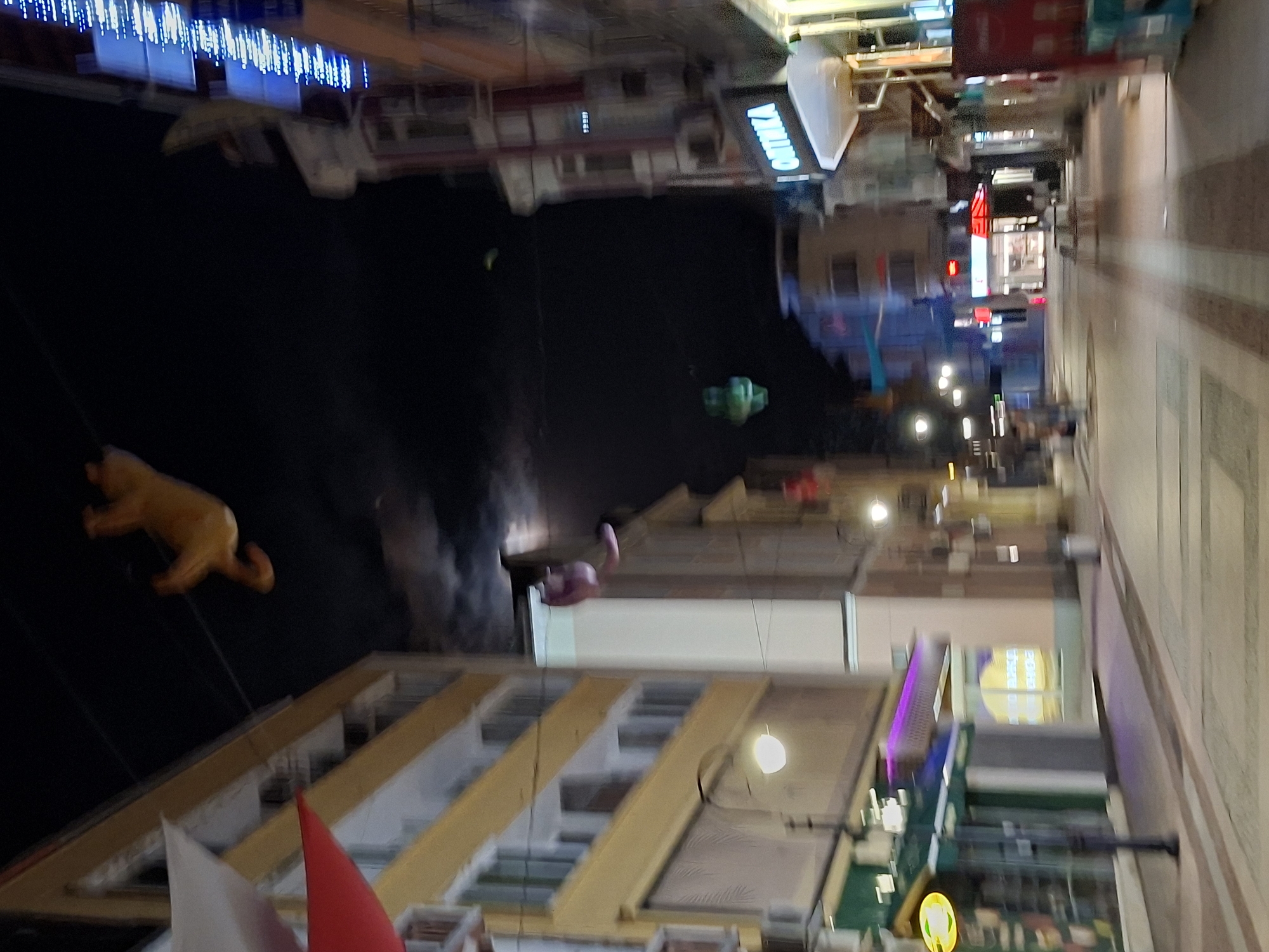 The image shows a street view in Gabrovo, Bulgaria, at night. The camera appears to be facing downwards.
Several buildings line the street, illuminated with lights and signage. There are inflatable figures, like a dog and a pink figure, suspended in the air. In the upper portion of the image, there are lights illuminating a building, and the street is visible between the buildings. The streets seem to be relatively deserted.
The image suggests a festive or decorative setting within the urban environment of Gabrovo, Bulgaria.
