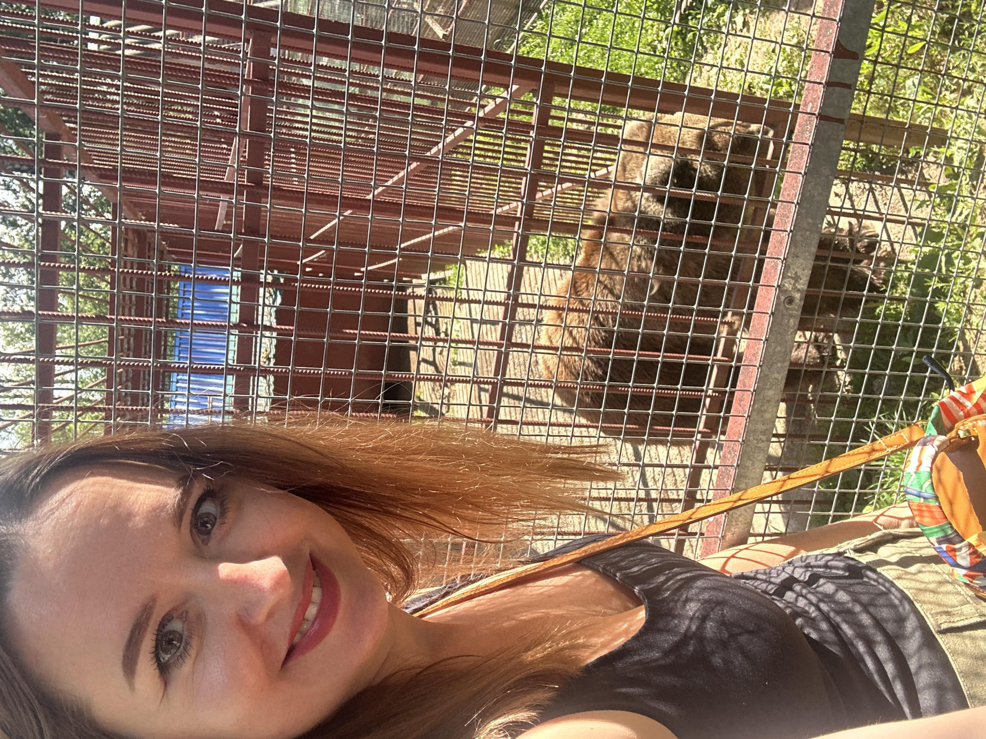 A woman is taking a selfie with a bear in a cage at a zoo. The woman is on the left side of the image, smiling at the camera. She has long, brown hair and is wearing a black tank top and khaki pants. She is also carrying a colorful bag over her shoulder. The bear is on the right side of the image, behind a metal cage. It is a large, brown bear. The background of the image is a zoo enclosure with grass and trees. The location is identified as Medvedevo, Russia.