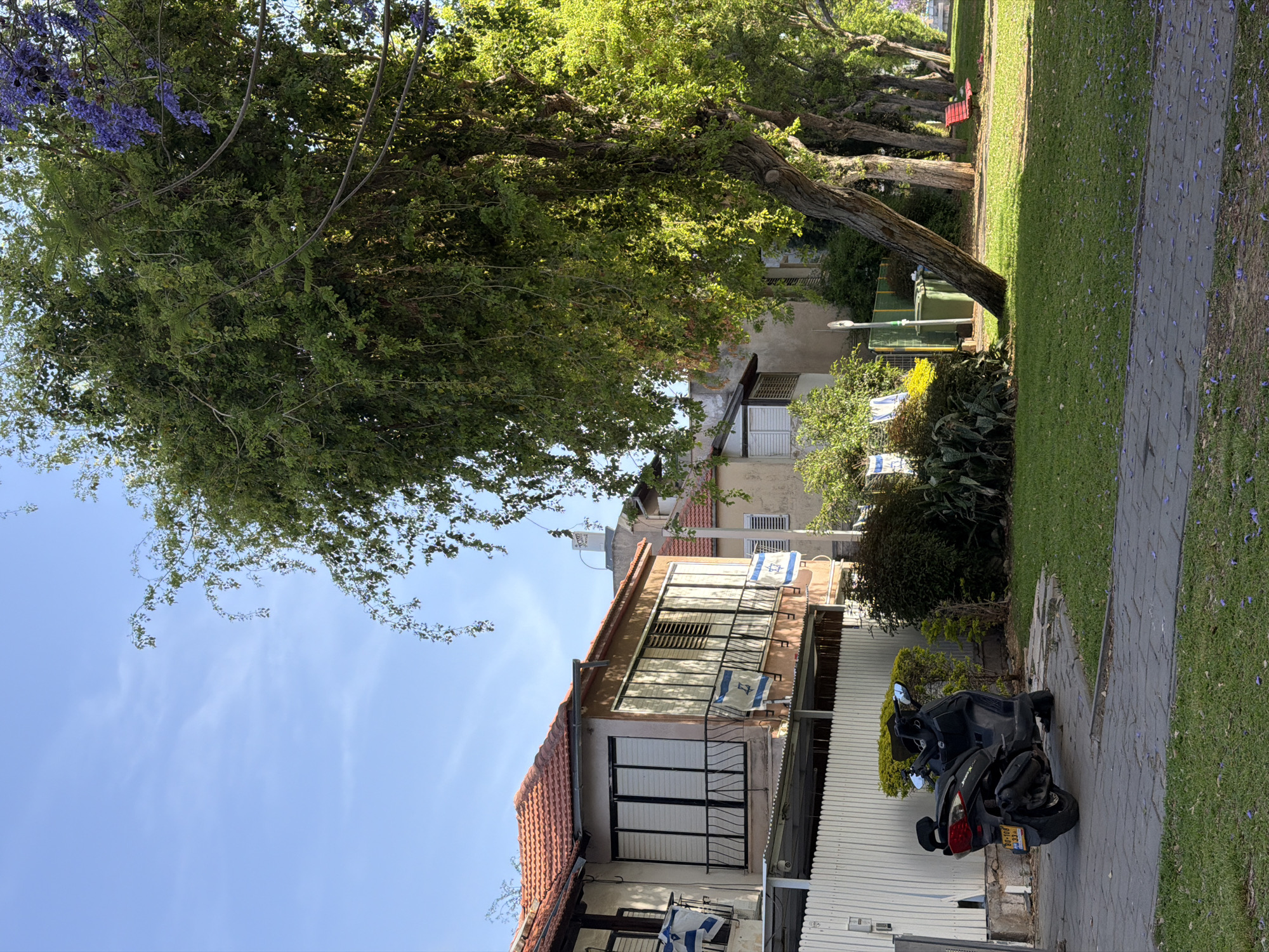 The image shows a street scene in Bat Yam, Israel. A black scooter is parked on a brick sidewalk. A building with a red tile roof and white siding is visible. The building has windows with shutters and several Israeli flags hanging from it. Trees with green foliage and some purple flowers are overhead, casting shadows on the sidewalk. A grassy area with more trees lines the other side of the sidewalk. In the background, there are other buildings and street furniture. The sky is blue with a few clouds.