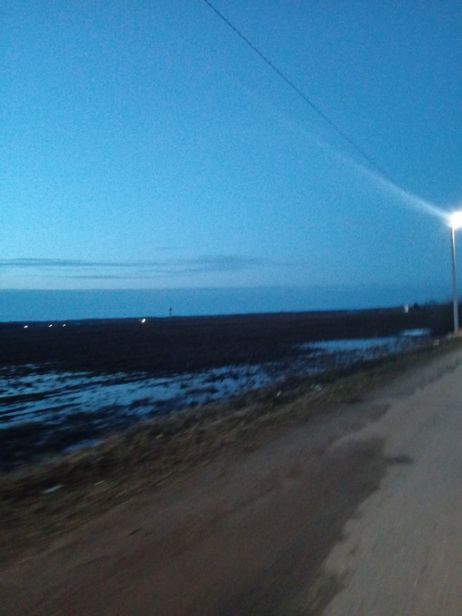 The image shows a landscape at dusk near Фоки, Russia. The sky is a gradient of blue, darker at the top. A thin electrical wire stretches across the upper part of the frame. In the middle ground, there is a flat, dark landscape that appears to be either marshland or a flooded field. Light reflects off standing water. Several lights are visible along the horizon. A tall street light is on the right side of the image. The foreground shows a dirt or gravel road. The photograph is somewhat blurred, suggesting movement.