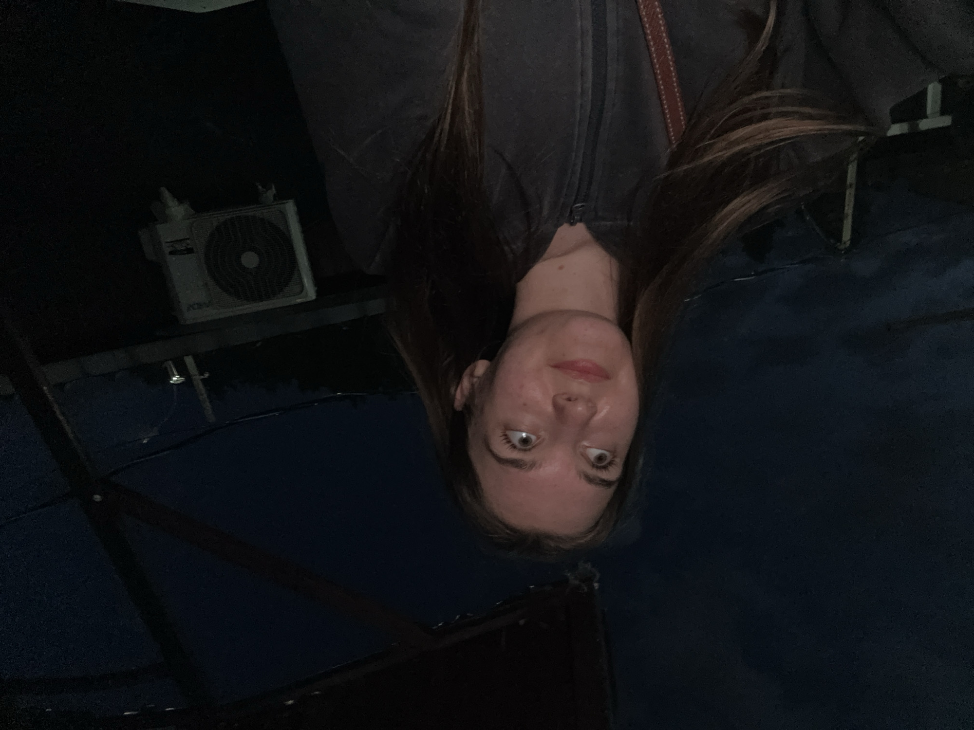 A photograph presents a female subject with shoulder-length brown hair wearing a zipped-up gray jacket. The image is rotated 180 degrees, causing the subject's face to appear upside down. An air conditioning unit is visible on a surface to the left. The background includes a dark roof structure and a dimly lit, dark blue sky. Without further context, determining the location in Perm, Russia, is not possible.