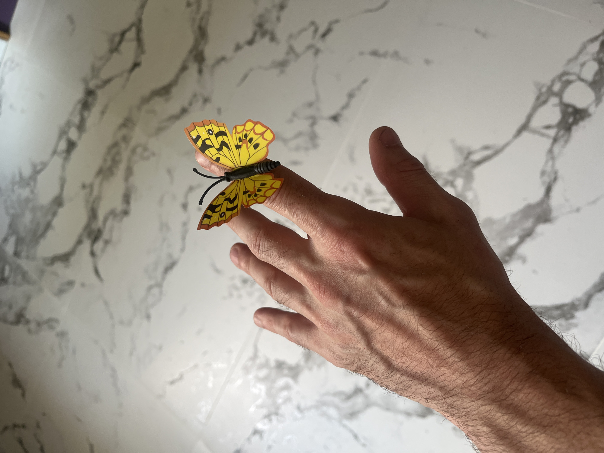 A close-up, overhead shot shows a person's hand with a bright yellow butterfly perched on their finger. The butterfly has black markings and orange-edged wings. The hand is extended, with the palm facing upwards, and the fingers are slightly spread. The background is a white surface with grey veining, resembling marble or a similar patterned material. The lighting suggests an indoor environment, possibly a bathroom or kitchen due to the tile-like pattern of the surface. The image captures a moment of interaction between the person and the butterfly, conveying a sense of gentleness and perhaps wonder. No text is visible in the image.