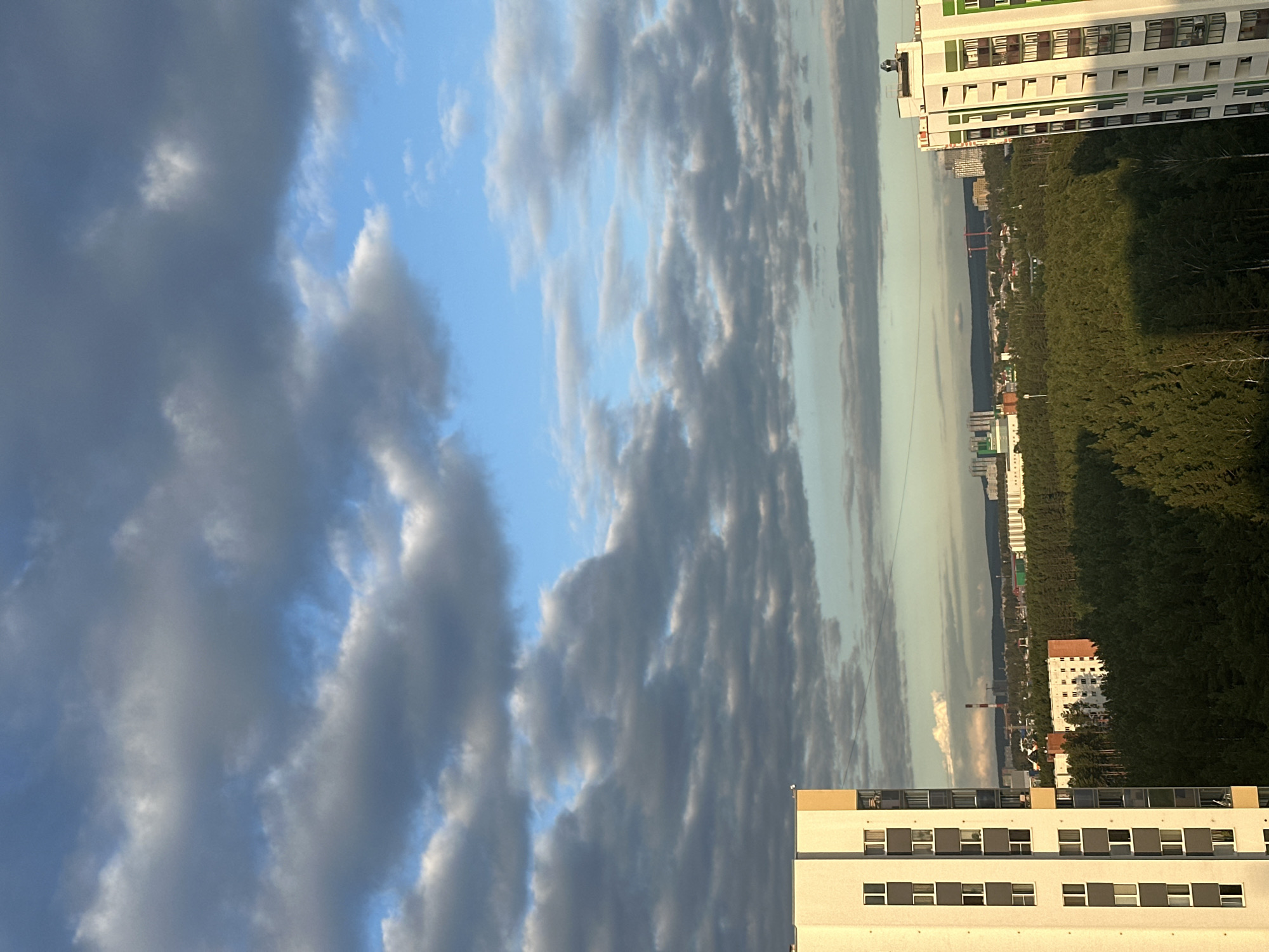 The image captures a panoramic view of a cityscape at dusk, possibly Yekaterinburg, Russia, characterized by a blend of residential buildings, industrial elements, and a dense forest. In the foreground, two modern high-rise apartment buildings dominate the scene, one on the left and another on the right. The building on the left is a light-colored facade with multiple windows and balconies. The building on the right is white with green accents on its exterior.
Beyond the apartment buildings, a vast expanse of dark green forest stretches across the mid-ground, punctuated by glimpses of other residential structures. In the distance, the skyline is marked by various buildings, including what appears to be an industrial complex with tall chimneys, some of which are emitting smoke. The sky is a dramatic canvas of blues and grays, with a thick layer of clouds that are illuminated by the fading sunlight, creating a textured and atmospheric effect. The overall impression is one of urban development coexisting with nature, under a dynamic twilight sky. There are no people or identifiable animals visible in the frame.