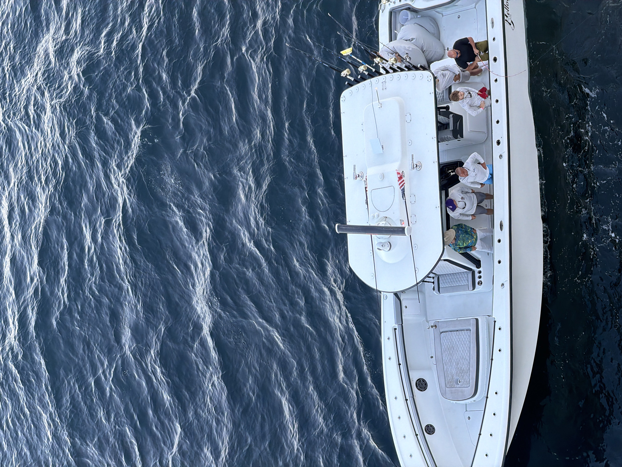 The image depicts a white boat on the open water. There are several people on board, all wearing casual clothing. They appear to be enjoying a leisurely boat trip. The water is dark blue and slightly choppy. Fishing rods are lined up along the stern of the boat. The location is unknown.