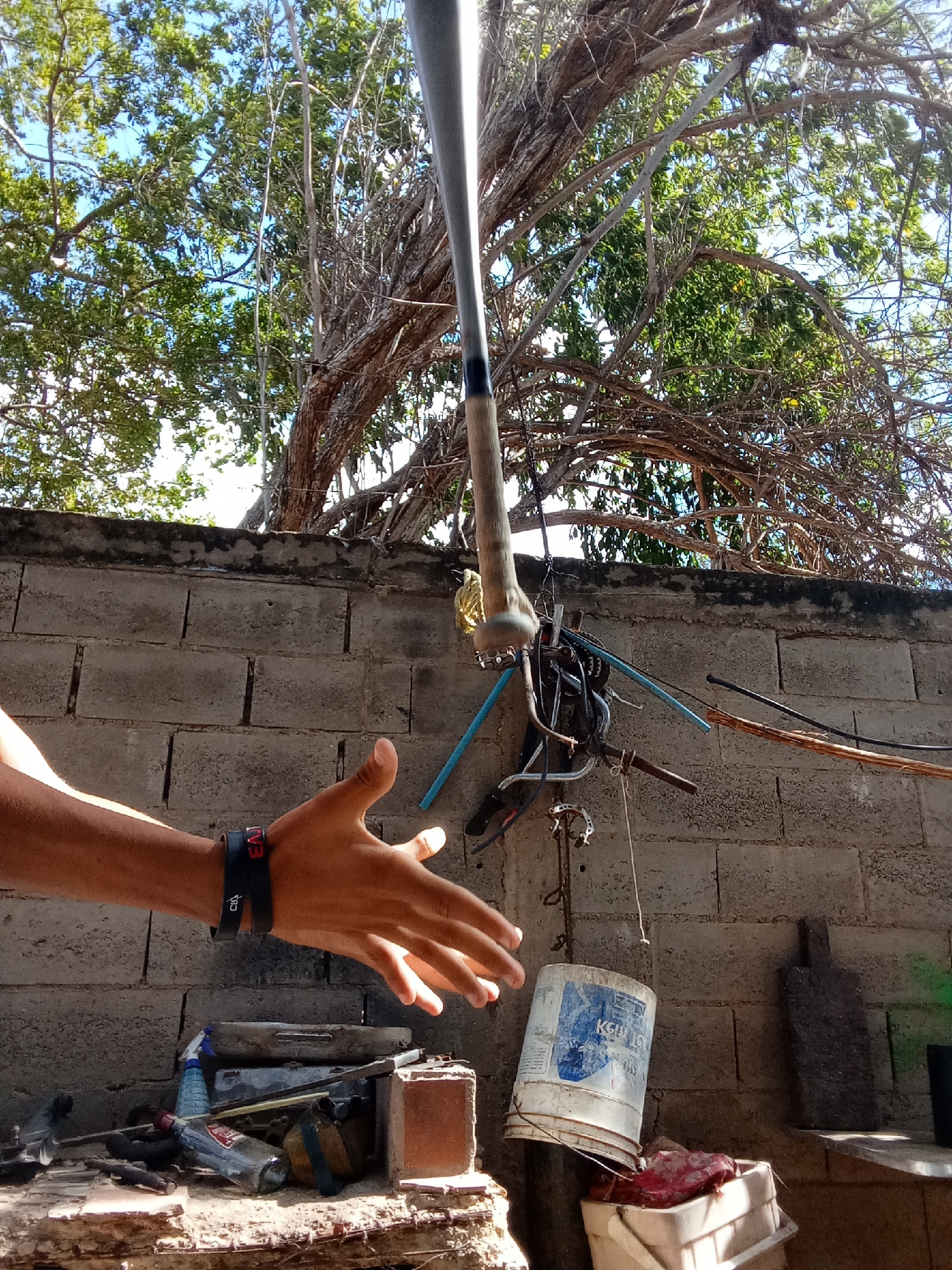A person's arm and hand extend toward a leaning bucket in a backyard setting, under a tree, with a brick wall behind. The scene contains a collection of discarded objects including tools, containers, and what appears to be bicycle parts. The location is identified as Juan Griego, Venezuela.