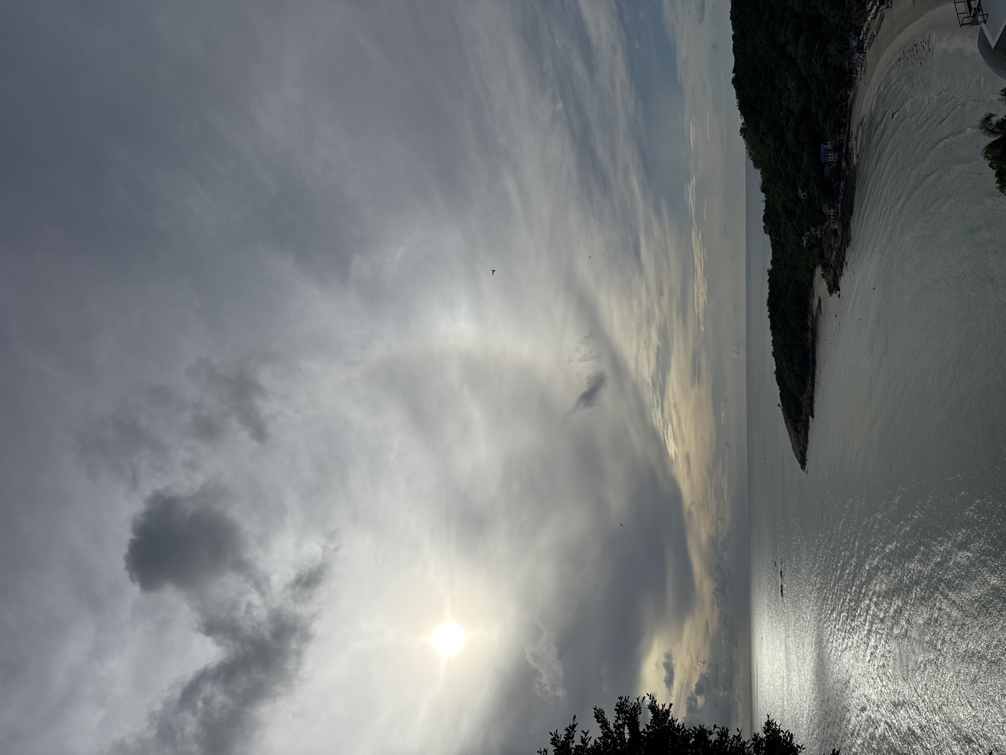 This is a high-angle, wide shot of a coastal landscape under a cloudy sky. The sun is visible as a bright, diffused disc in the upper left quadrant, creating a shimmering reflection on the calm water. A partial sun halo is visible around the sun. In the middle ground, a curved, sandy beach meets a lush, green, tree-covered hill. Several small buildings are nestled within the trees on the hill. The water is a pale grey-blue, with gentle ripples extending towards the shore. The sky is filled with a mix of dark, heavy clouds and lighter, wispy formations, with a subtle gradient from grey to lighter tones near the horizon. A few distant birds or small aircraft are visible in the sky. The left edge of the frame features the dark silhouette of foliage, suggesting the viewpoint is from a high vantage point overlooking the scene.