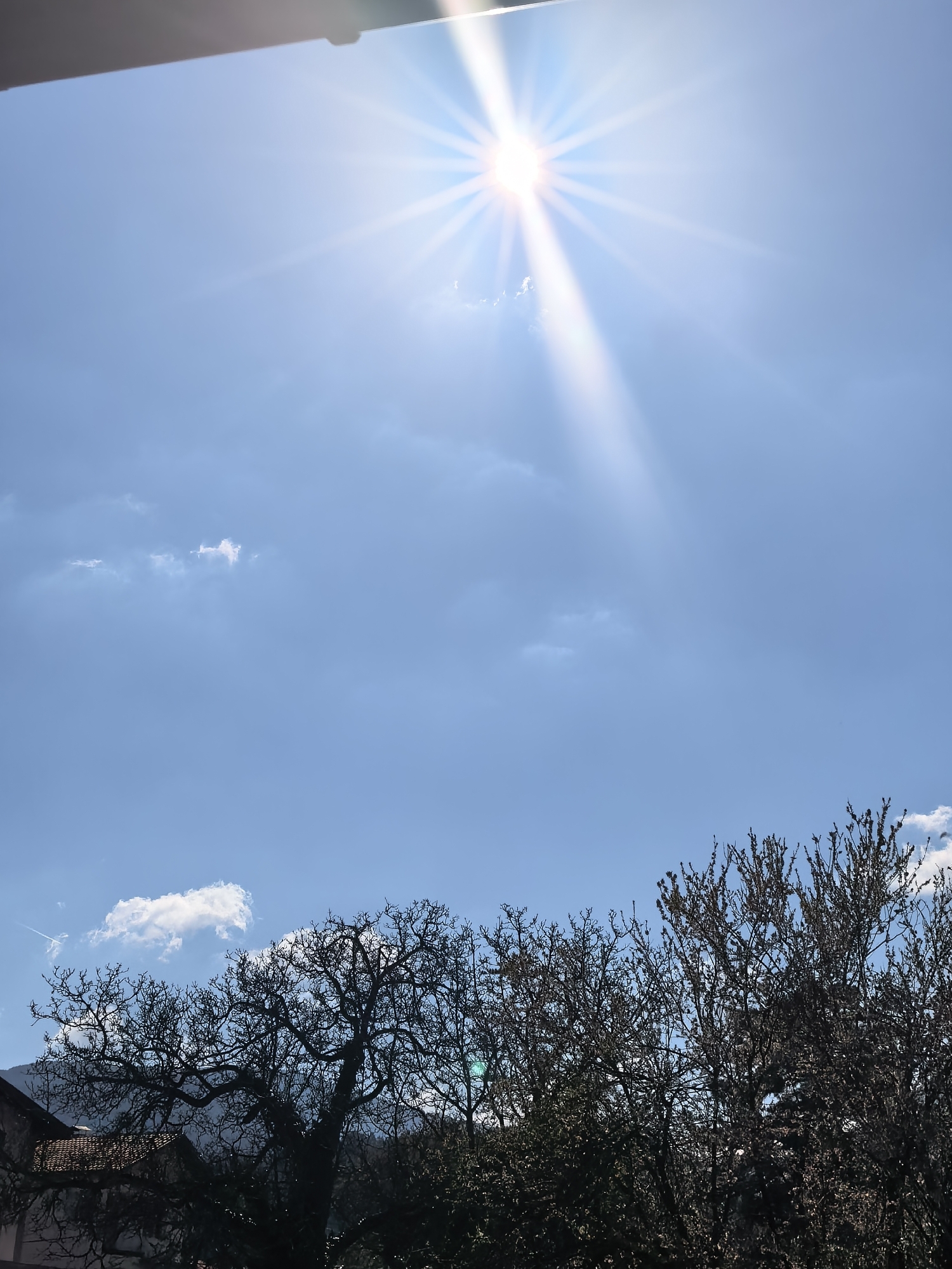 A bright, daytime exterior shot in Unknown, Unknown, captures a clear, blue sky with a radiant sun positioned at the top. Light rays emanate from the sun, creating a burst of illumination. Scattered clouds are visible in the sky. The lower portion of the image showcases a row of trees, their bare branches silhouetted against the sky. In the bottom left, part of a building's roof is visible.