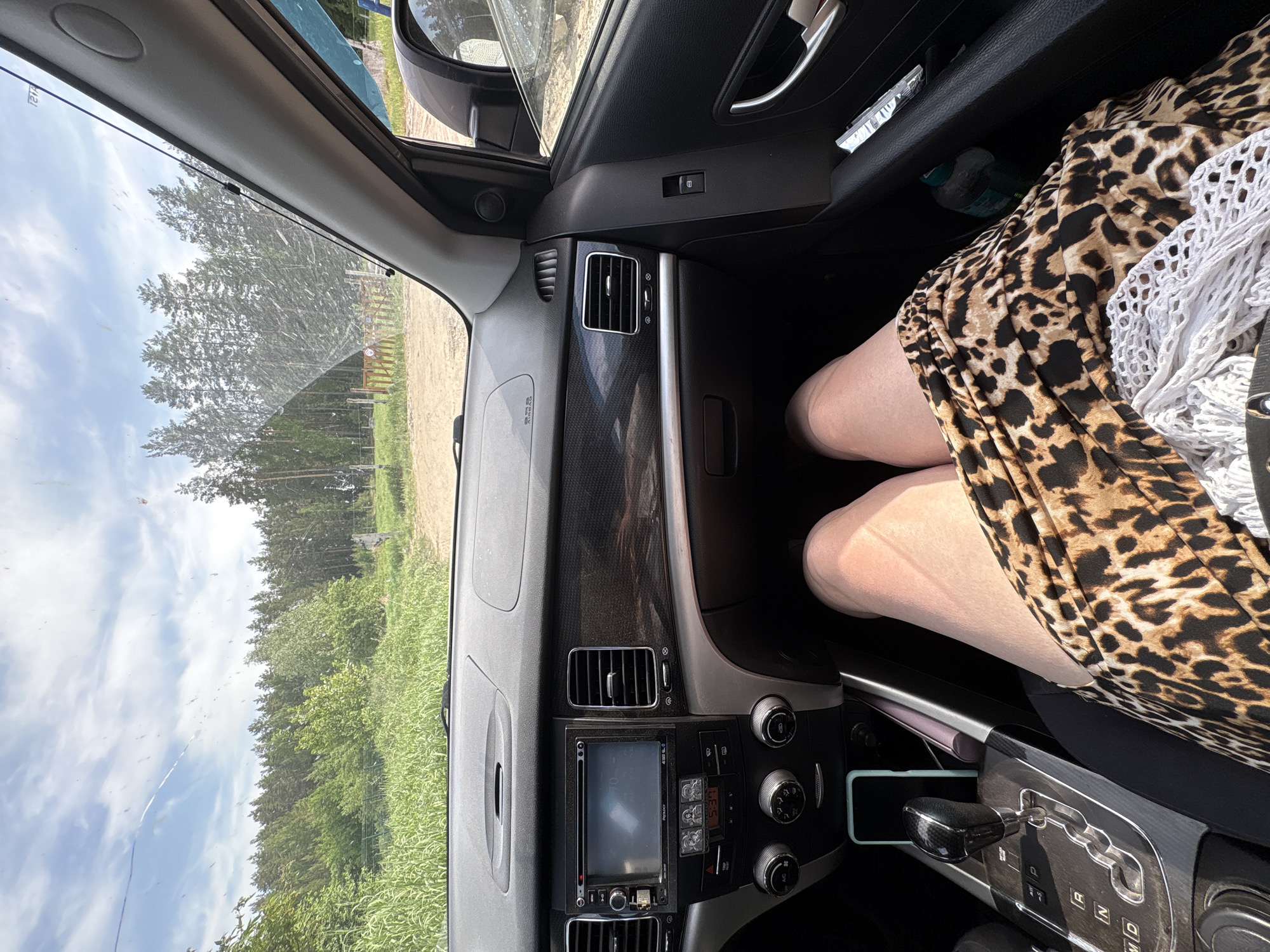 The image is a view from inside a car, looking out the windshield. The car appears to be parked in a rural area near Noviy, Russia, with trees and sky visible through the front window. A person is seated in the passenger seat, wearing a leopard-print dress. The car's dashboard and center console are visible, and a mobile phone is present near the gear shift. The overall scene is captured on a sunny day.