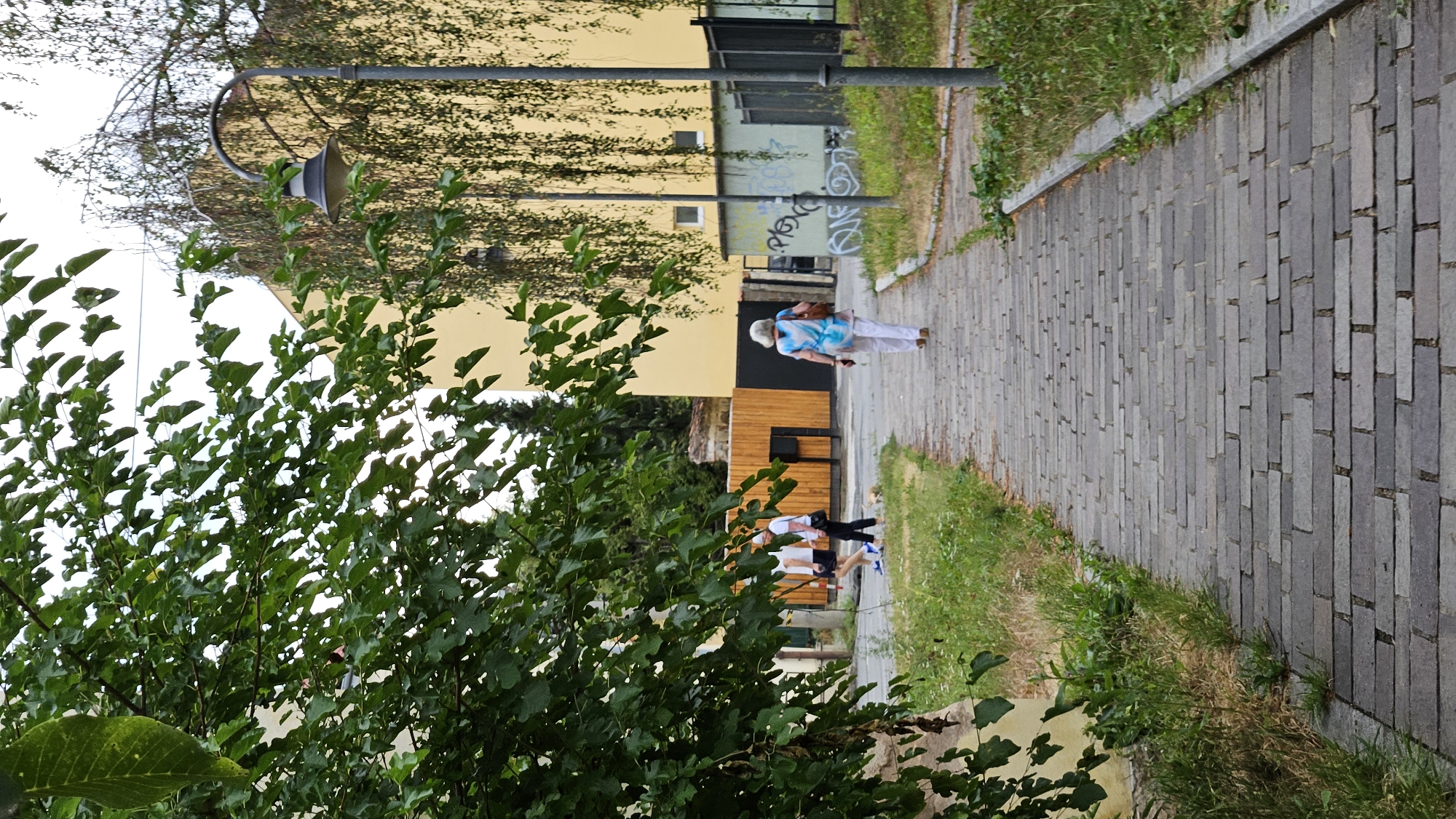 The image depicts a paved walkway lined with grass and trees, with a building in the background. A woman with white hair, wearing a blue and white patterned top and white pants, walks away from the camera down the path. To the left, two individuals, one wearing a white shirt and shorts, and the other a white t-shirt and dark pants, are walking towards the camera. A small dog is visible on the grass near them. The building in the background is a light yellow structure with some graffiti on a wall to its right. A street lamp with a dark gray shade is present on the right side of the walkway. The scene suggests an outdoor public space, possibly a park or a pedestrian area within the city of Prešov, Slovakia, given the context provided.