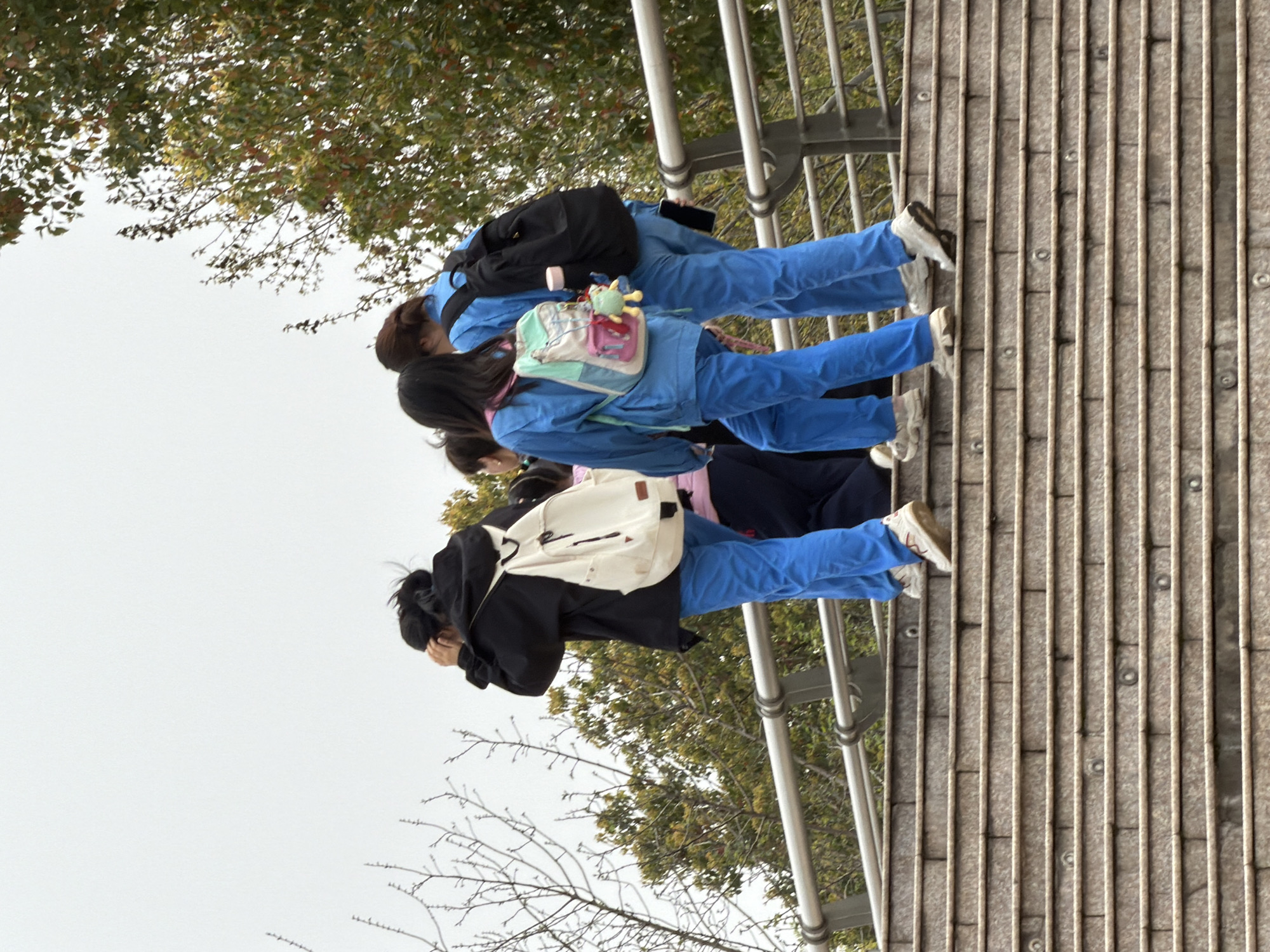 Four individuals are positioned on a walkway with metal railings, presumably a bridge or elevated structure. They are oriented towards the right side of the frame. The individuals are wearing similar attire, consisting of blue uniforms. One individual is carrying a backpack, while another has a white shoulder bag. The environment includes trees and vegetation. The scene is suggestive of an outdoor setting. The location can be inferred based on the context as the city of Jiangning District, China.