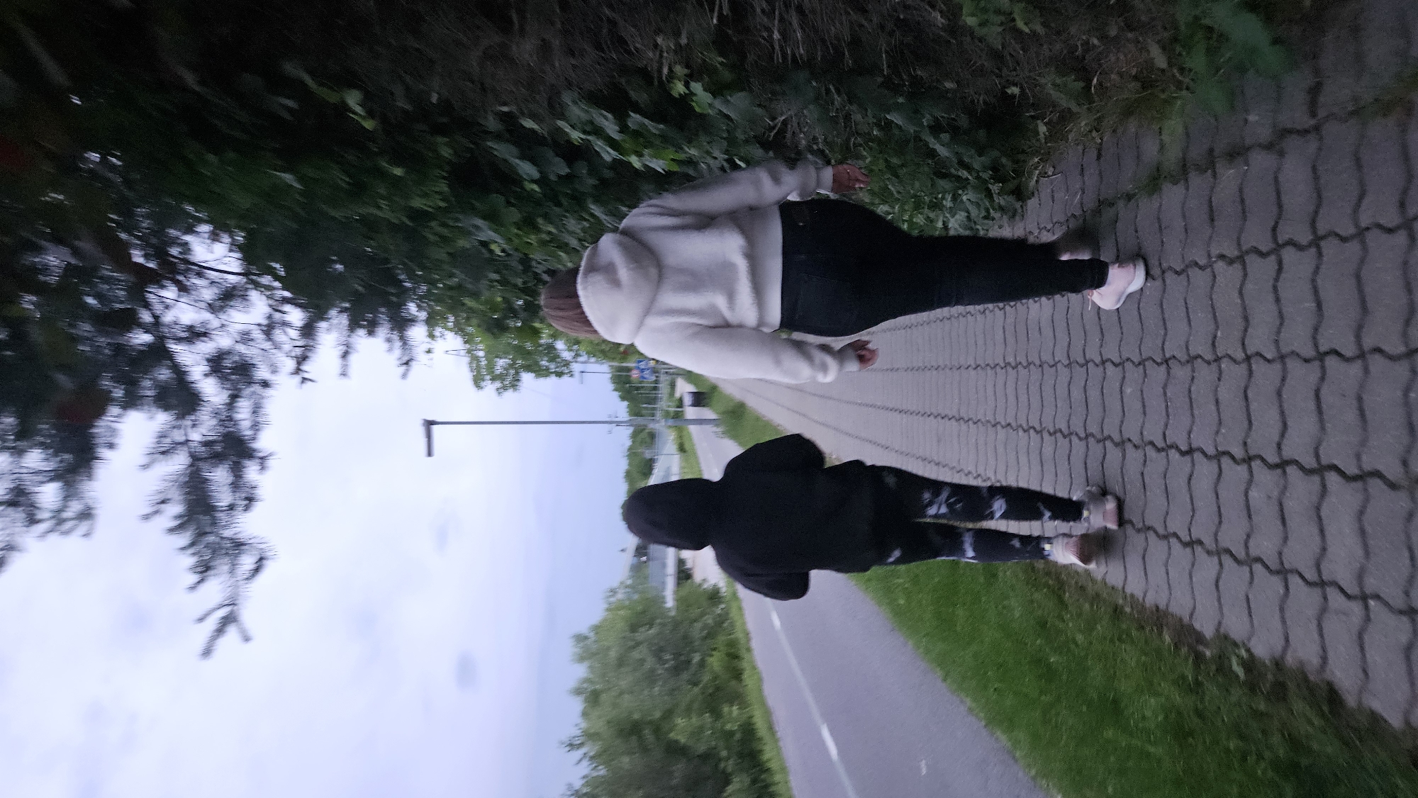 Two individuals, viewed from behind, walk on a paved pathway. The person on the left wears a black hooded sweatshirt and patterned leggings, while the person on the right wears a white fluffy hoodie and black pants. They are walking away from the camera, towards the right side of the frame. To their left is a paved road with a grassy shoulder. To their right is a dense hedge of green ivy climbing up an unseen structure or embankment, with trees and foliage overhead. The sky is overcast with a muted light. A lamppost is visible in the middle distance. The scene appears to be an outdoor pathway or sidewalk, possibly on the outskirts of a town or city. This location is identified as being in the city of Prešov, Slovakia.