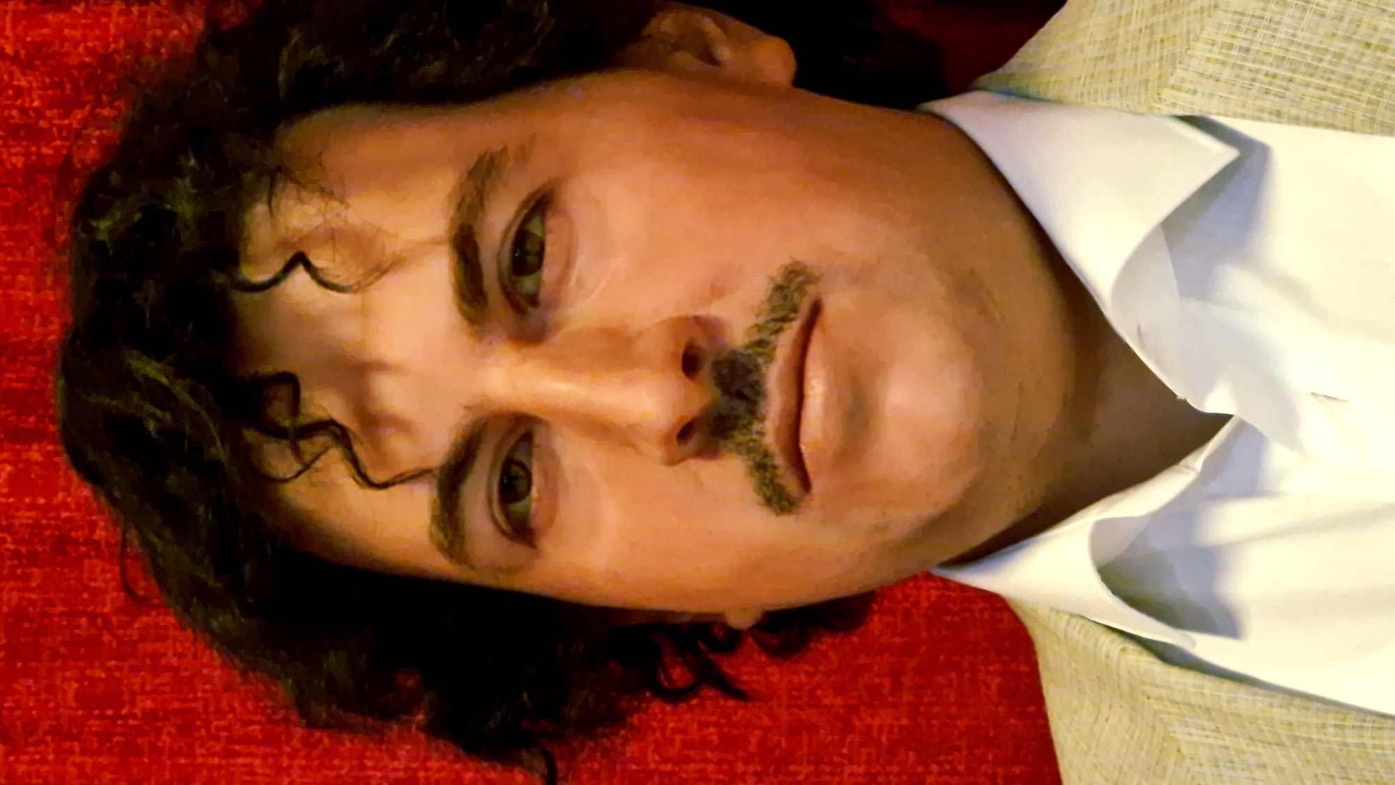 A close-up, tilted portrait features a male figure, possibly a person or a lifelike representation like a wax figure or mannequin, positioned horizontally against a vibrant red, textured fabric background. The figure has dark, curly hair that frames the face and falls onto the red surface. He has a light skin tone, pronounced cheekbones, and striking greenish-brown eyes that gaze directly forward. A distinct dark mustache is visible above his lips, which are closed in a neutral expression.
The figure is dressed in a crisp white collared shirt, partially visible beneath what appears to be a light-colored, possibly woven or textured, jacket or outer garment. The red background has a distinct, granular texture, suggestive of velvet or a similar upholstery fabric. The lighting is even, highlighting the smooth and uniform texture of the figure's skin. No dynamic activity is captured; the figure appears static, likely posed for the photograph or as part of a display. There is no visible text in the image.