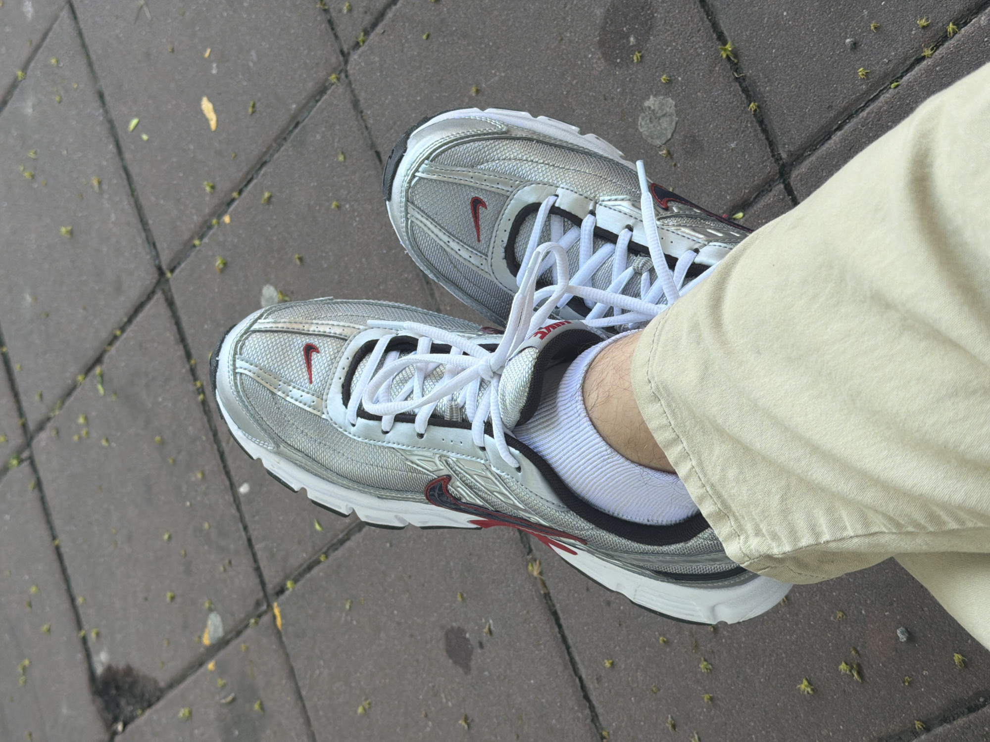 The image shows a pair of silver Nike sneakers with red swooshes and white laces. The sneakers are being worn with white socks and khaki pants. The person wearing the sneakers is standing on a grey paved surface, possibly a sidewalk. The location is indeterminate, but given the prompt, likely in Belgrade, Serbia. Small green debris is scattered on the paving. The image is taken from a top-down perspective.