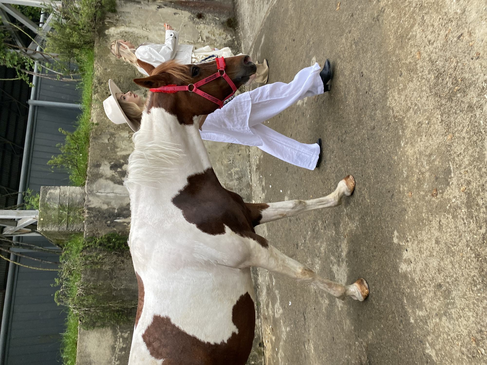 A woman in a white cowboy hat and white clothing stands near a brown and white horse on a concrete surface. The horse wears a red halter. The background includes a concrete wall, greenery, and a metal structure. The location is not discernible from the image.