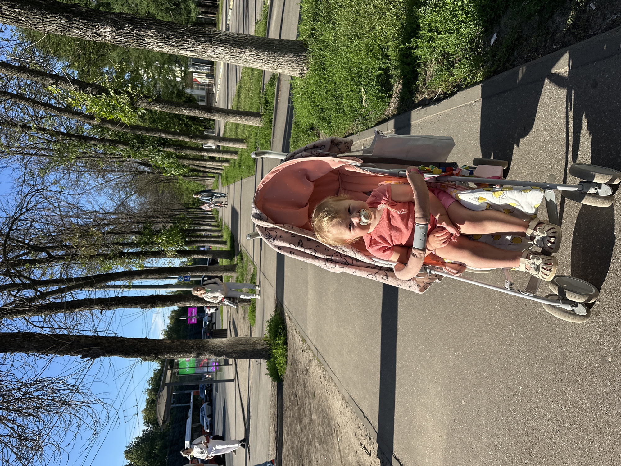 A high-angle shot captures a baby in a stroller on a sunny day. The baby, wearing a pink shirt, has a pacifier in its mouth and is looking towards the camera. The stroller is pink and adorned with a patterned fabric. In the background, a tree-lined sidewalk runs alongside a road, with other people walking in the distance. The scene appears to be a park or a residential area. The time of day is likely afternoon, given the long shadows cast by the trees. The weather is clear and sunny. There is no visible text in the image.