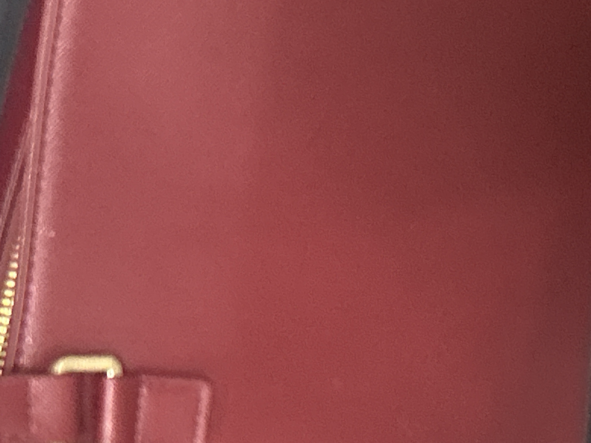 The image is a close-up, upward shot of a red leather bag. A portion of a gold zipper is visible along the top edge of the bag, and a gold loop is attached to a red leather strap on the left side. The background is a plain, red surface, with some texture. The image is lit by a soft light source, casting no harsh shadows. The location is unknown.