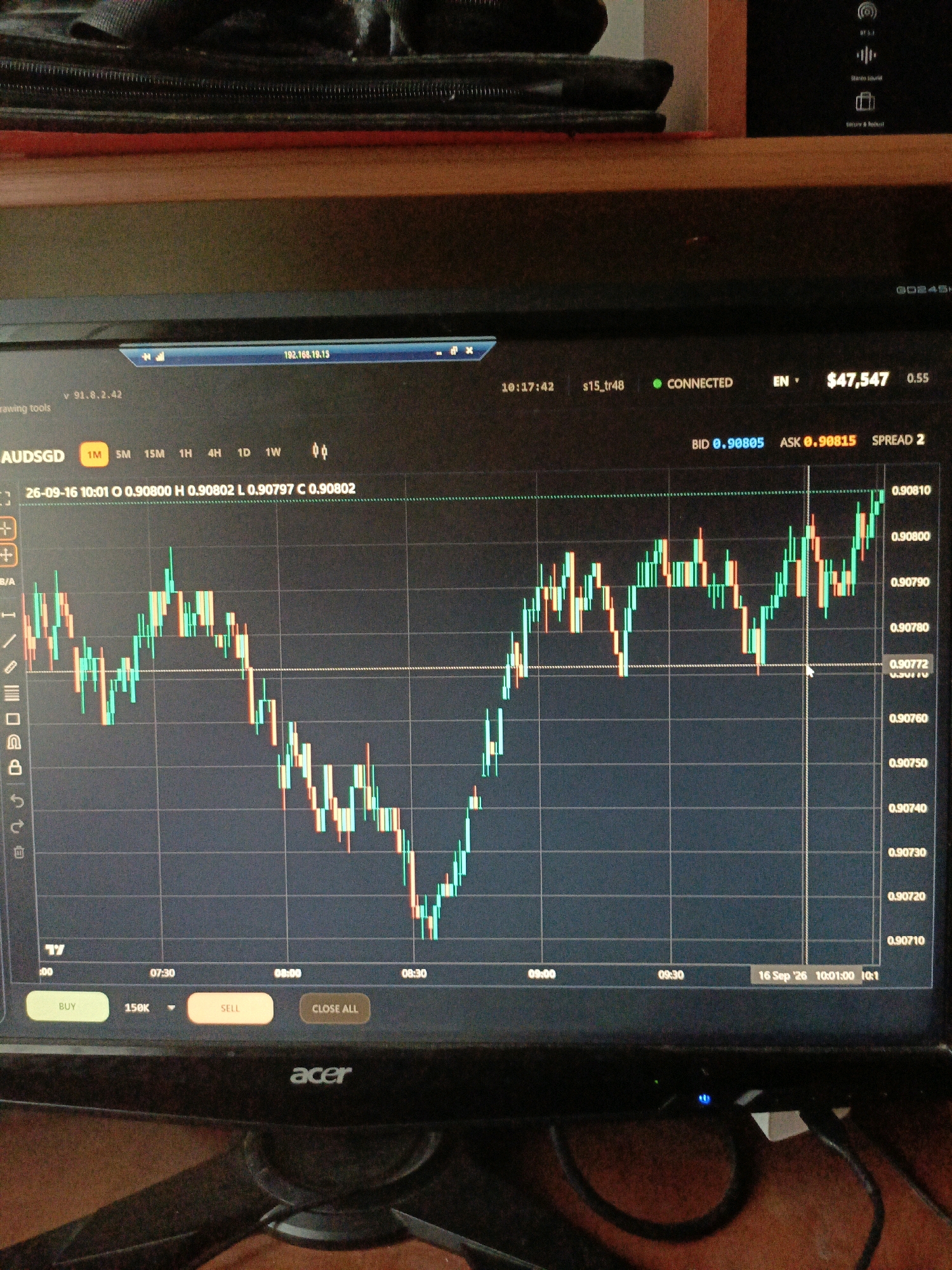 The image shows a computer monitor displaying a financial trading chart. The chart features candlestick patterns representing price movements of a currency pair, likely AUD/SGD given the "AUDSGD" label. The time frame appears to be set to 1 minute ("1M"). Numerical data such as bid, ask, spread, and historical price points (Open, High, Low, Close) are visible. The overall environment is dark, suggesting the photograph was taken in low light conditions. The computer monitor itself is an Acer brand. The scene does not provide any information about the city of Ухманы, Russia.