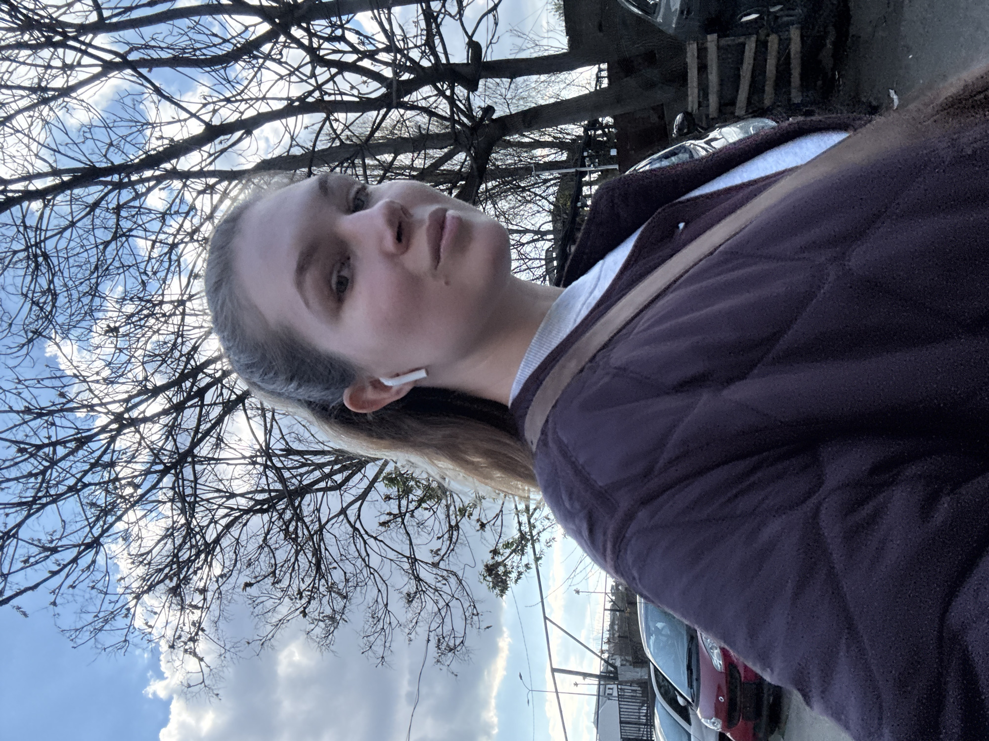 A selfie of a fair-skinned person with light brown hair, wearing a maroon quilted jacket and an earpiece, is taken outdoors. The background shows a cloudy sky visible through bare tree branches. Down below, there is a row of parked cars including a red one. Overhead power lines are also visible. This suggests an urban setting, potentially in the vicinity of Vozdovac Urban Municipality, Serbia.