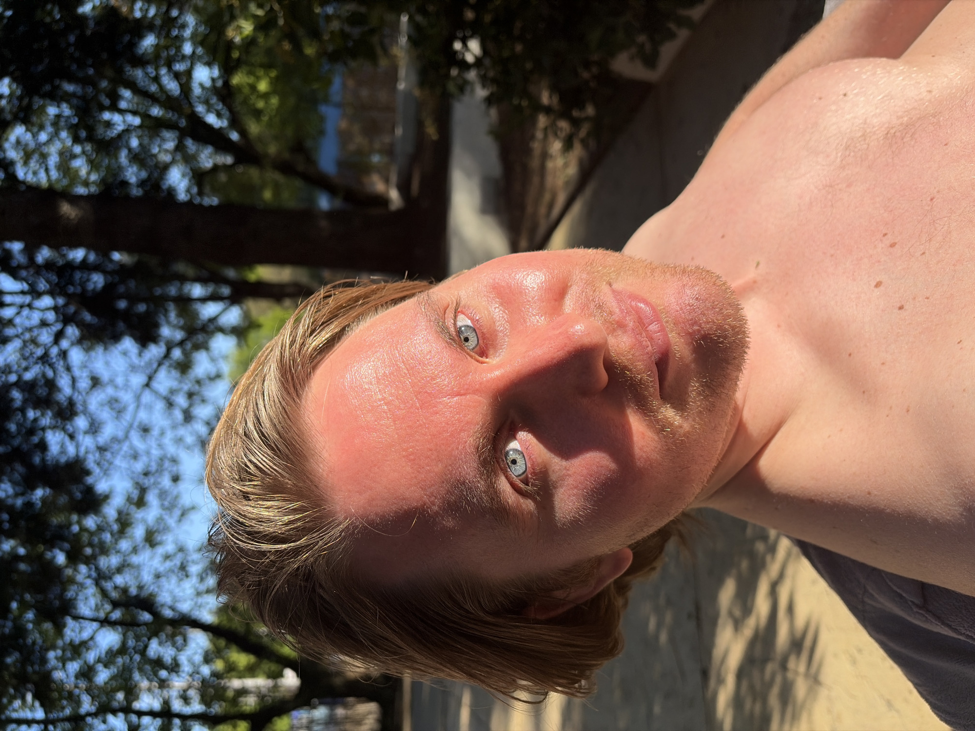 A fair-skinned, shirtless man with blond hair and blue eyes is looking directly at the camera. His face is red, possibly from sun exposure. The background shows trees and foliage, suggesting an outdoor setting. The light is bright, indicating daytime. The image appears to have been taken from a low angle, pointing upward. The location cannot be determined from the image.