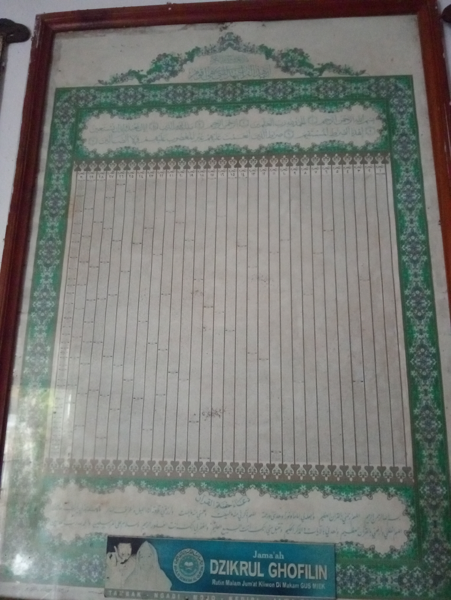 A framed, aged certificate or document hangs on a wall in a dwelling. The document, predominantly green and white, features ornate Islamic calligraphy at the top and bottom, framed by decorative borders. The center of the document is a grid of vertical lines, suggesting a ledger or table. At the bottom left, a small, faded photograph depicts a man and a woman. Below the photograph, text in Latin script reads "Jama'ah DZIKRUL GHOFILIN Rutin Malam Jumat Kliwon Di Makam GUS MIEK". The document is likely located in Desa Silo, Indonesia, given the reference to a local Makam (shrine) and the Indonesian language. The overall condition suggests it is an item of personal or religious significance, displayed in a modest interior setting.