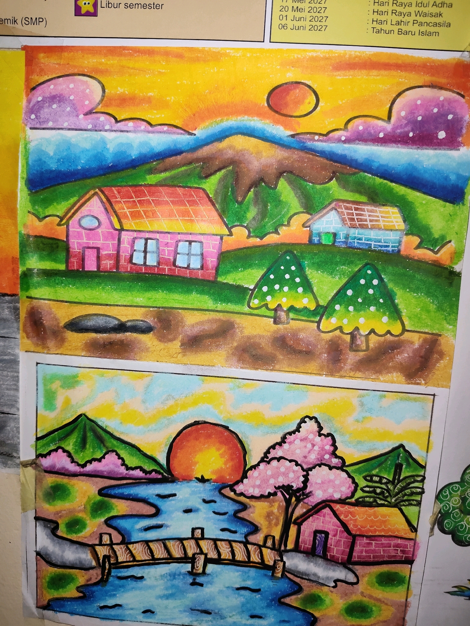 The image displays two distinct pastel drawings on a paper. The top drawing depicts a landscape scene with a bright orange and yellow sky, a large sun-like circle, and purple clouds with white dots. In the foreground, there are two houses, one pink and one blue, surrounded by green hills and two stylized green trees with white dots. The bottom drawing also features a landscape with a vibrant sky, a setting sun, a winding blue river with a wooden bridge, pink-flowered trees, a green mountain, and a small pink house. The overall style of the drawings is simple and childlike. At the top of the image, there is a header with text in Indonesian that reads "Libur semester" (semester holiday) and a list of dates and Indonesian holiday names. There is no specific visual information within the drawings or the header that indicates a location in the city of Samarinda, Indonesia.