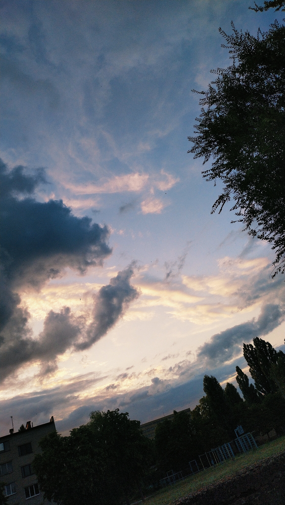 A vertical, low-angle photograph captures a dramatic sky at dusk over a residential area in Horishni Plavni, Ukraine. Dark, heavy clouds dominate the upper left, contrasting with softer, pale pink and yellow clouds illuminated by the setting sun towards the center and right. Silhouetted against the sky are the dark green leaves of a tall tree in the upper right corner, and the darker, denser foliage of trees and a building in the lower half of the frame. The building, located on the left, appears to be a multi-story apartment complex with visible windows. In the middle ground, a park or playground area with metal structures is visible, partially obscured by trees. The overall atmosphere is moody and overcast, with the fading light creating a sense of twilight.