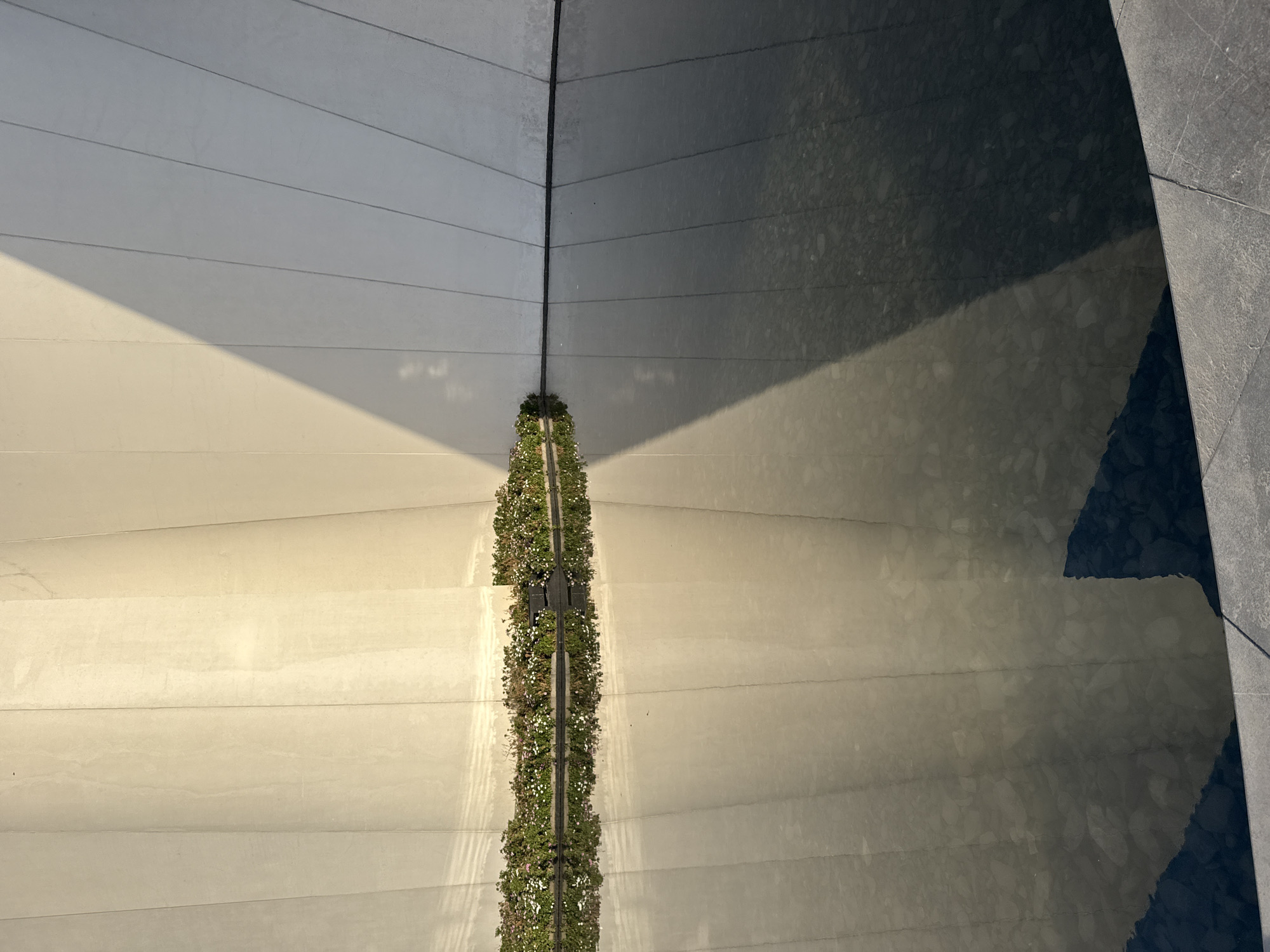 The image depicts an abstract view of a building or architectural structure. The scene features horizontal panels or lines that create a sense of linear perspective. The left side is illuminated by a warm light, while the right side appears to be in shadow or reflected, potentially from water.
A vertical strip of vegetation, possibly a green wall or garden feature, runs down the center of the image, visually connecting the top and bottom. The contrast between the geometric lines of the structure and the organic forms of the vegetation creates an intriguing visual tension.
The upper right corner shows a dark textured surface with a sharp angle, which may be a section of a wall or pavement. The image is composed in a way that suggests a sense of depth and perspective, inviting viewers to explore the interplay of light, shadow, and form.
The location, San Bernardino Tlaxcalancingo, Mexico, is specified, indicating this scene exists within that particular urban environment.