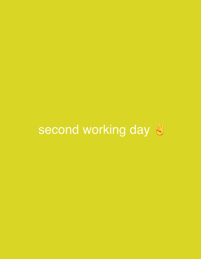 The image is a plain yellow background with the white text "second working day" and a peace sign emoji. The image does not depict a location and contains no elements to suggest it was taken in Nsugbe, Nigeria, or any other specific place.