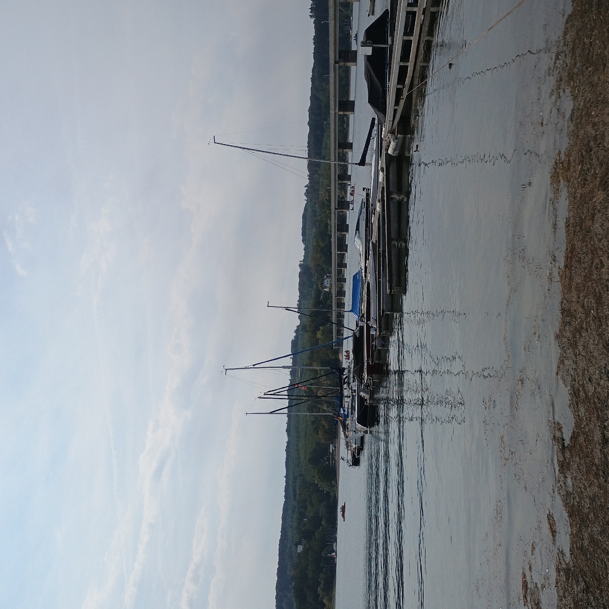 The image shows a wide view of a lake with a bridge in the background and a marina in the foreground. The water is calm, with reflections of the sky and surrounding objects. Several sailboats are docked at the marina, some with sails furled and others with masts visible. A small red boat with people is in the middle of the lake. The shoreline is lined with trees, and a few buildings are visible amongst them. The sky is partly cloudy. The scene is likely captured from a vantage point on the shore or another boat. The specific location within Möhnesee, Germany, is not identifiable from the image alone, but it is a general scene of a lakeside recreational area.