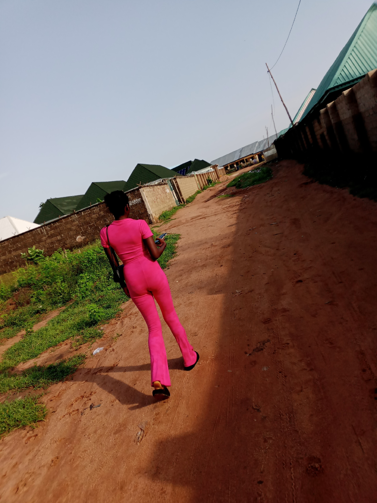 A young woman, viewed from behind, walks away from the camera on a dirt road in Jauro Yinu, Nigeria. She is wearing a bright pink jumpsuit with flared legs and black open-toed shoes. Her dark hair is pulled back. She carries a black purse over her shoulder and holds a smartphone in her right hand. The road is flanked by a low brick wall and green vegetation on the left, and a similar wall with corrugated metal roofing on the right. Several buildings with green, pitched roofs are visible in the background, along with utility poles and wires. The sky is clear and light blue, indicating daylight. The ground is predominantly reddish-brown dirt with some patches of green grass.