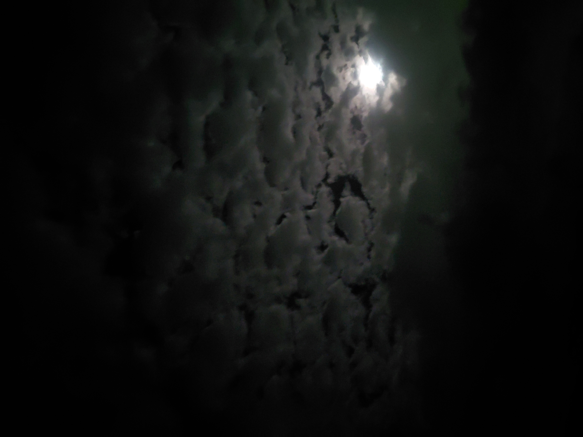 The image presents a nighttime sky heavily populated by dense, textured clouds. A brilliant, diffused light source, strongly indicative of the moon, pierces through the upper right section of the cloudy expanse, casting a bright glow. This illumination highlights the edges and contours of the surrounding clouds, revealing their lumpy, almost bubbly formations and creating stark contrasts between the illuminated sections and the deeper, darker shadows.
The overall color palette is dominated by dark greys, blacks, and subtle hints of a dark green-grey within the illuminated clouds, creating a dramatic and somewhat ethereal atmosphere. The clouds appear to be thick and continuous, obscuring most of the sky except for the powerful light source. The rightmost portion of the frame is enveloped in a darker, less illuminated cloud mass, enhancing the sense of depth. There is no visible human activity, objects, or text. The scene depicts a cloudy night sky over Santa Ana, Venezuela, with the moon's light struggling to penetrate the cloud cover.