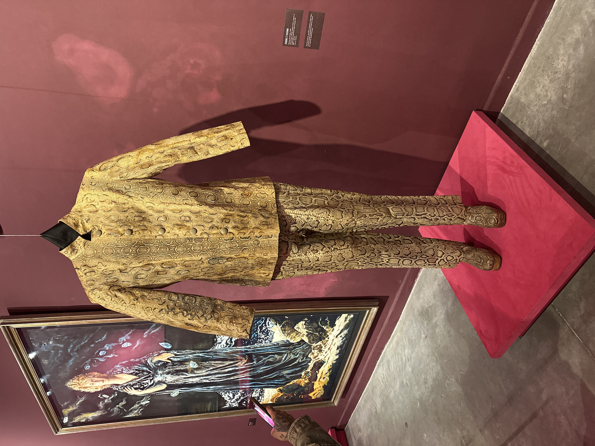 A museum exhibit displays a snakeskin-patterned suit on a mannequin. The suit, comprising a jacket and trousers, is positioned on a red square platform. Behind the mannequin, mounted on a burgundy wall, hangs a framed painting depicting a woman lying in water, surrounded by rocks and sky. The picture frame is gold. In the lower left corner of the frame, a cell phone is held by an arm and hand to take a picture of the painting. Text is visible on the wall above the mannequin. The floor is light gray. This image was taken in Buenos Aires, Argentina.