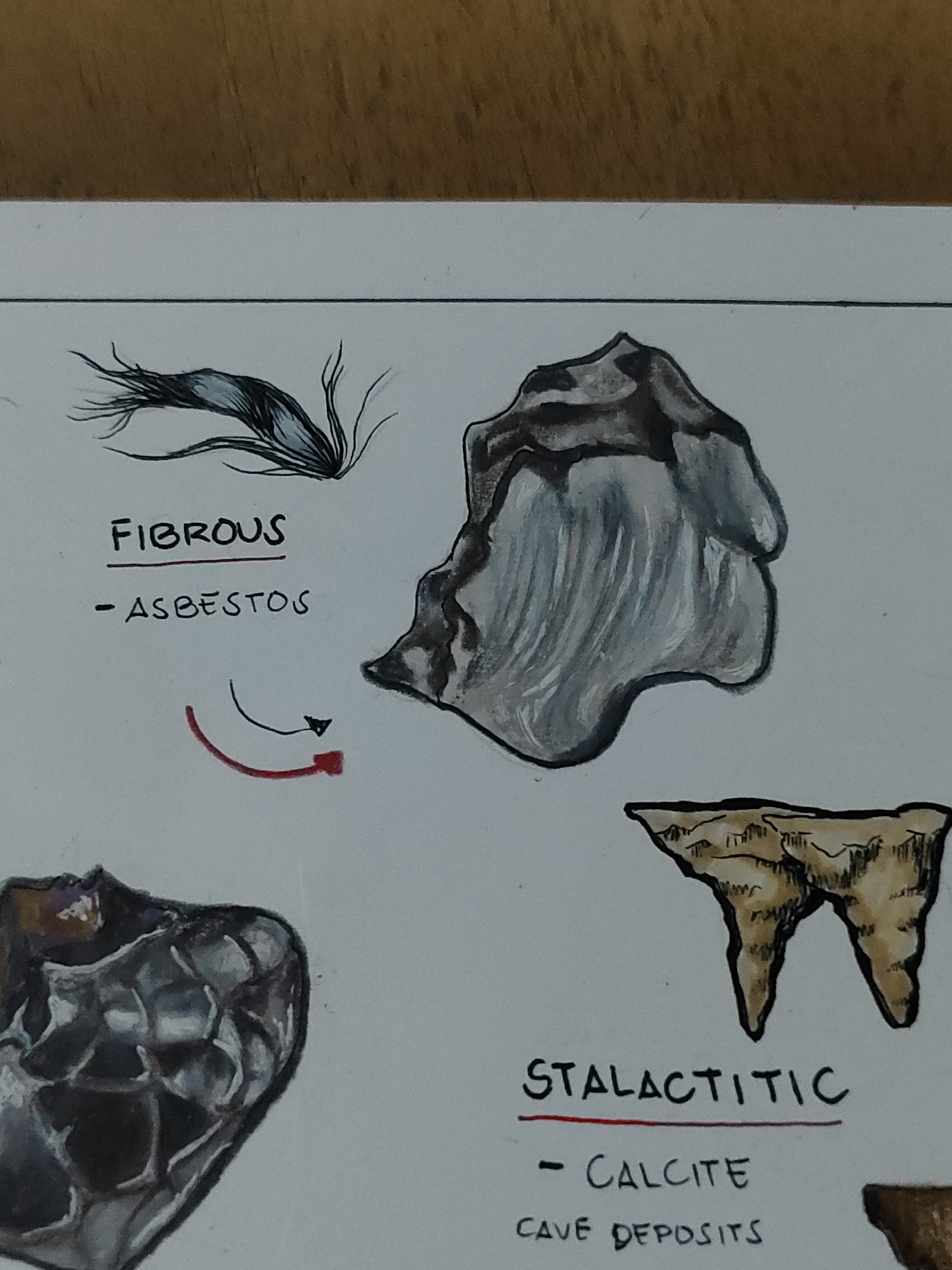 The image displays a flat lay of hand-drawn scientific illustrations on a white paper surface, which rests upon a warm brown wooden background. The top edge of the wooden surface is visible across the upper portion of the frame.
On the white paper, four distinct illustrations are visible, accompanied by descriptive text. In the upper left quadrant, a drawing depicts a cluster of dark, thin, hair-like fibers, highlighted with lighter grey tones. Below this drawing, the word "FIBROUS" is written in black uppercase letters and underlined in red, followed by "- ASBESTOS" in similar black lettering. A curved red arrow originates below the "ASBESTOS" text, sweeping rightward and upward to point towards a distinct, larger black arrow.
To the right of the fibrous drawing and arrows, a substantial, irregularly shaped object is rendered in shades of grey with dark outlines. This object exhibits vertical striations and varied textures, suggesting layers or internal structure.
In the lower right portion of the image, another illustration features a formation resembling a section of a cave ceiling with two distinct, downward-pointing stalactite-like structures. These are colored in earthy tones of brown and beige, with dark outlines detailing their contours and texture. Beneath this drawing, the word "STALACTITIC" is written in black uppercase letters and underlined in red, followed by "- CALCITE" and "CAVE DEPOSITS" in black lettering.
A fourth illustration is partially visible in the lower left corner. It shows a portion of a dark, textured object, possibly a mineral or rock formation, with some lighter brown and purple hues at its uppermost visible edge. The visible surface appears to have an irregular, possibly crystalline or scaly pattern.
The image does not contain any discernible information regarding its location in Davao City, Philippines.