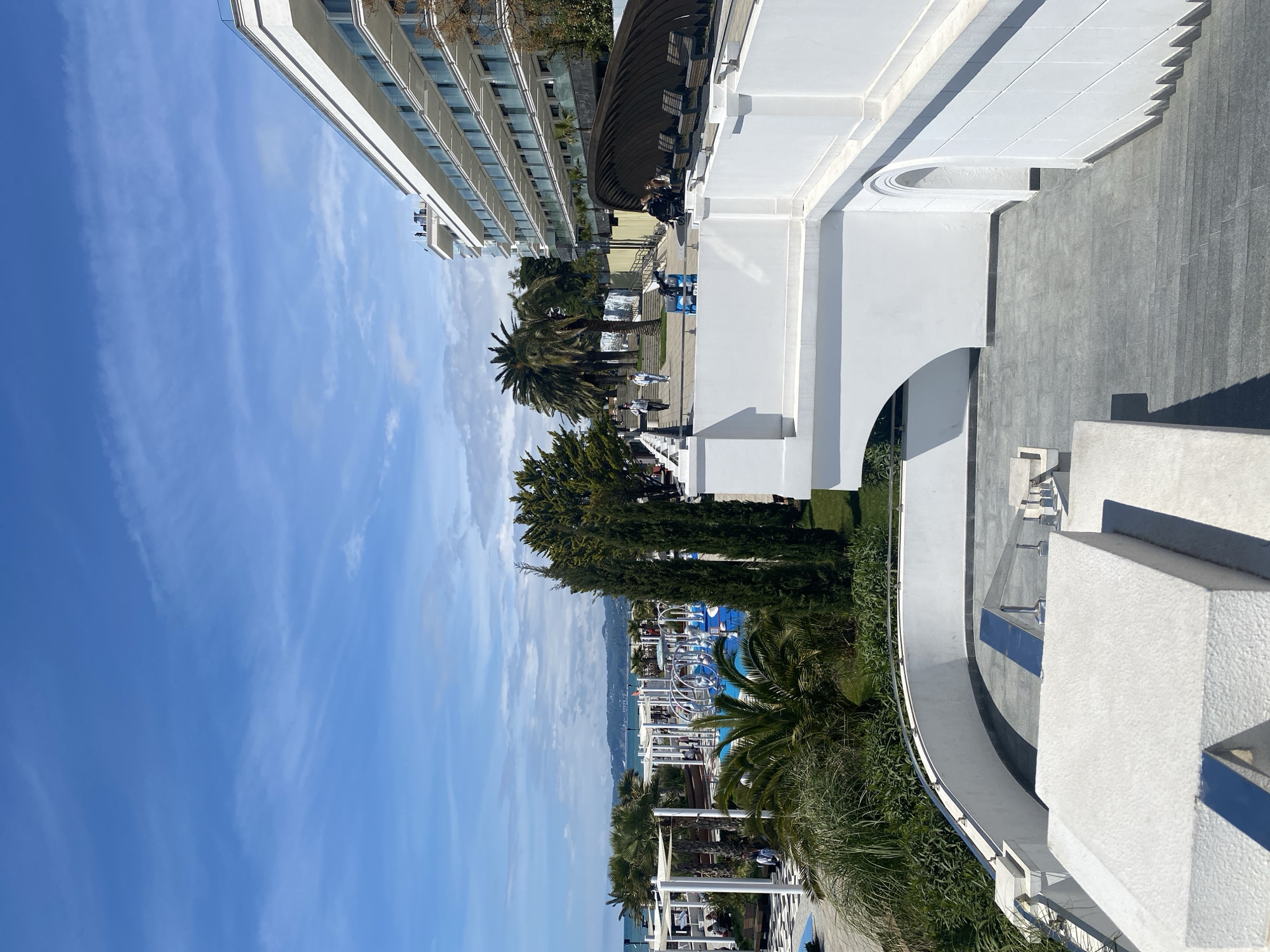 The image depicts a coastal scene in Sochi, Russia, featuring modern architecture and recreational elements. A multi-story hotel building runs along the left edge of the frame. A white structure with archways and decorative elements sits on the right. Palm trees, other trees, and manicured landscaping fill the space between the buildings and the sea. In the background, a seaside swimming pool and water park are visible. The sky is blue with streaks of clouds. Some people are visible walking along a pathway.