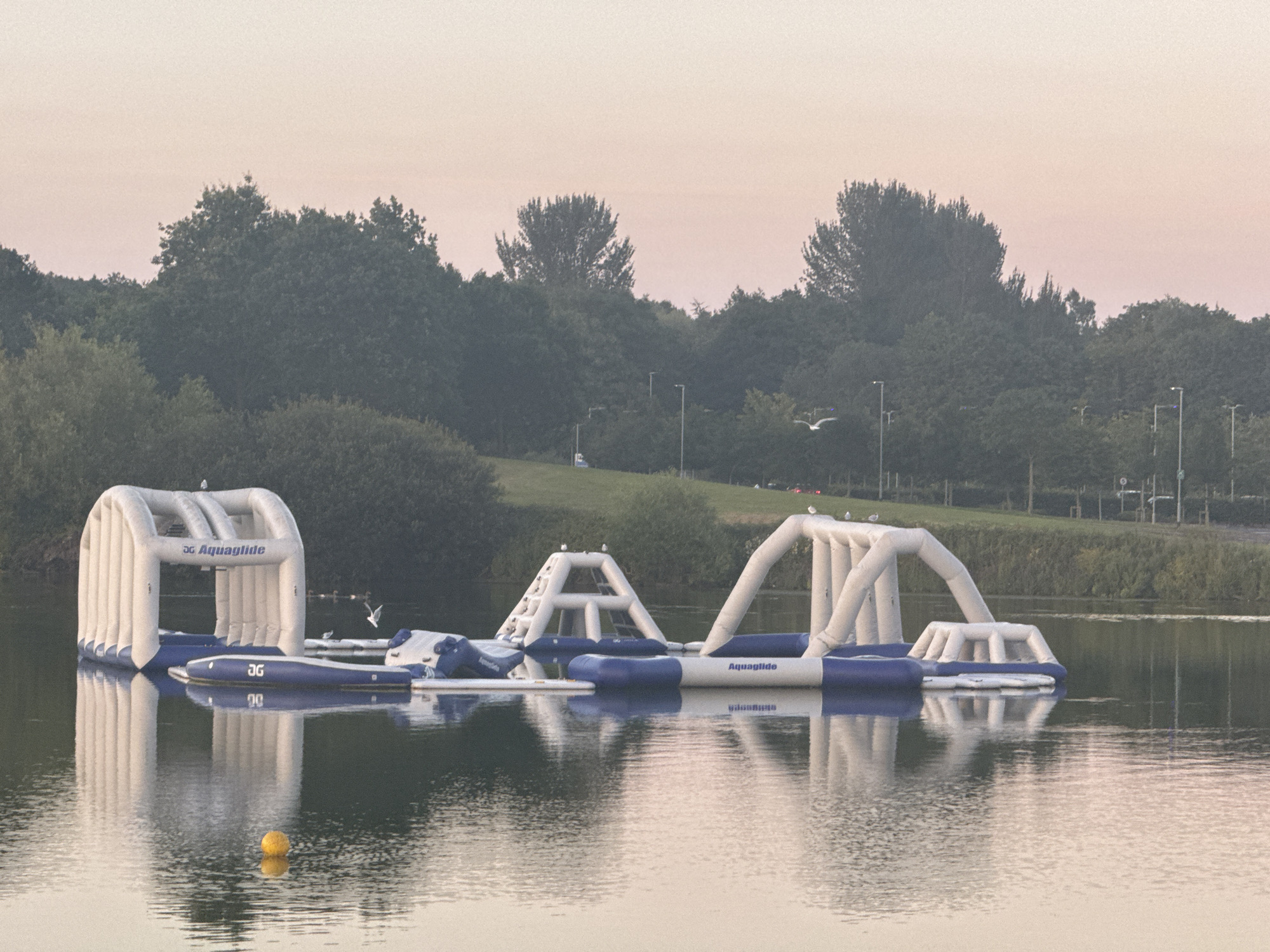 The image shows an inflatable water park on a lake, likely at the Craigavon Watersports Centre in Craigavon, United Kingdom. The park consists of several interconnected inflatable structures, including arches, slides, and platforms, all in white with blue accents. The structures are floating on the calm water, and their reflections are visible. A single yellow buoy floats in the foreground. In the background, there are trees and a grassy embankment with some streetlights visible. The sky is a soft, hazy pink, suggesting either dawn or dusk. Several birds, likely seagulls, are perched on the inflatable structures and flying in the sky. There are no people visible in the image.